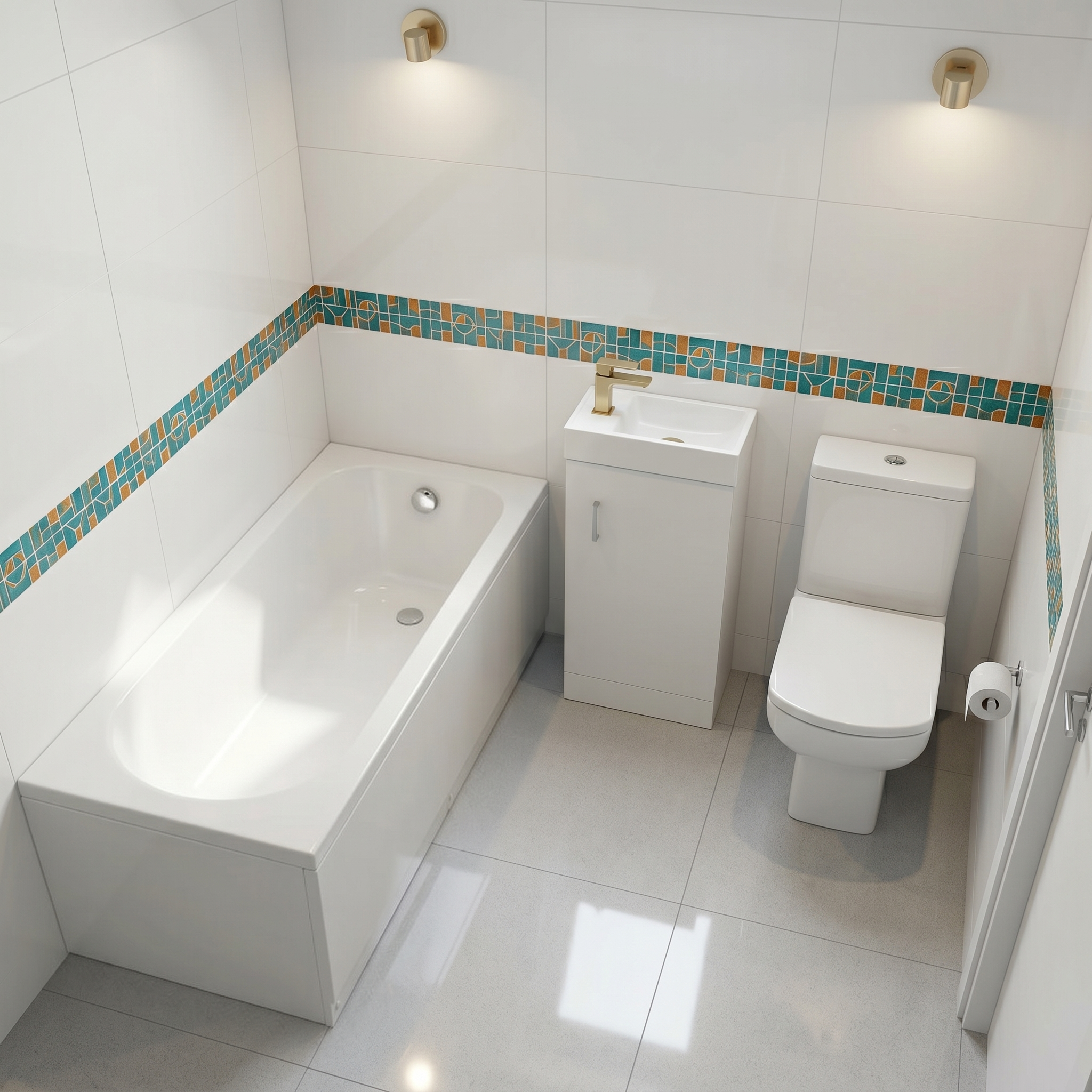 Small Bathroom Suite - Nanuya 1500mm Round Bath, 400mm Cloakroom Basin Vanity & Close Coupled Toilet