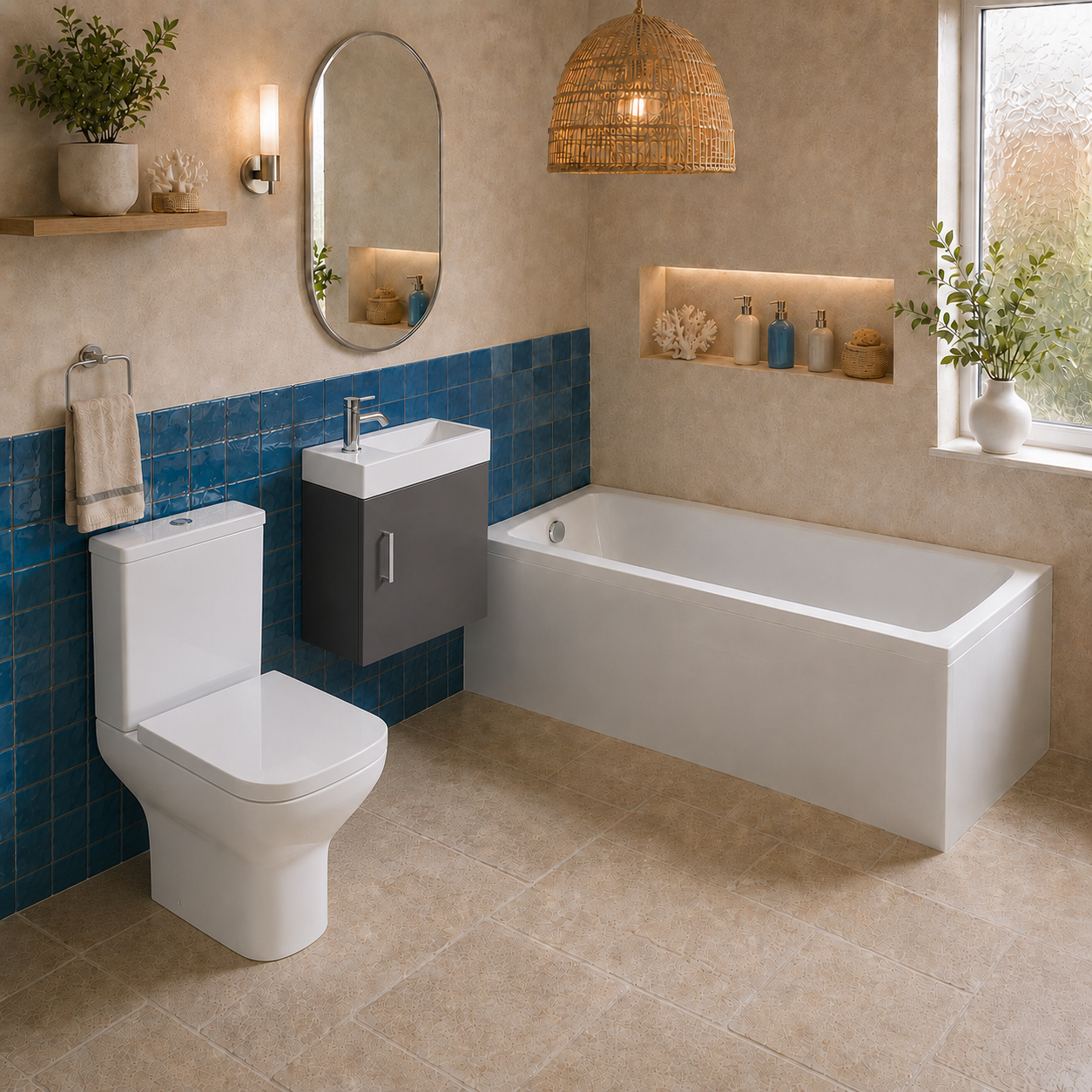 Small Bathroom Suite - Nanuya 1400mm Square Bath, 400mm Anthracite Cloakroom Wall Hung Basin Vanity & Close Coupled Toilet