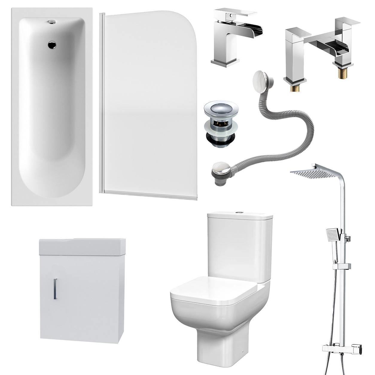 Small Bathroom Suite - Nanuya 1500mm Round Bath, 400mm Cloakroom Vanity Basin & Close Coupled Toilet with Chrome Fittings Set
