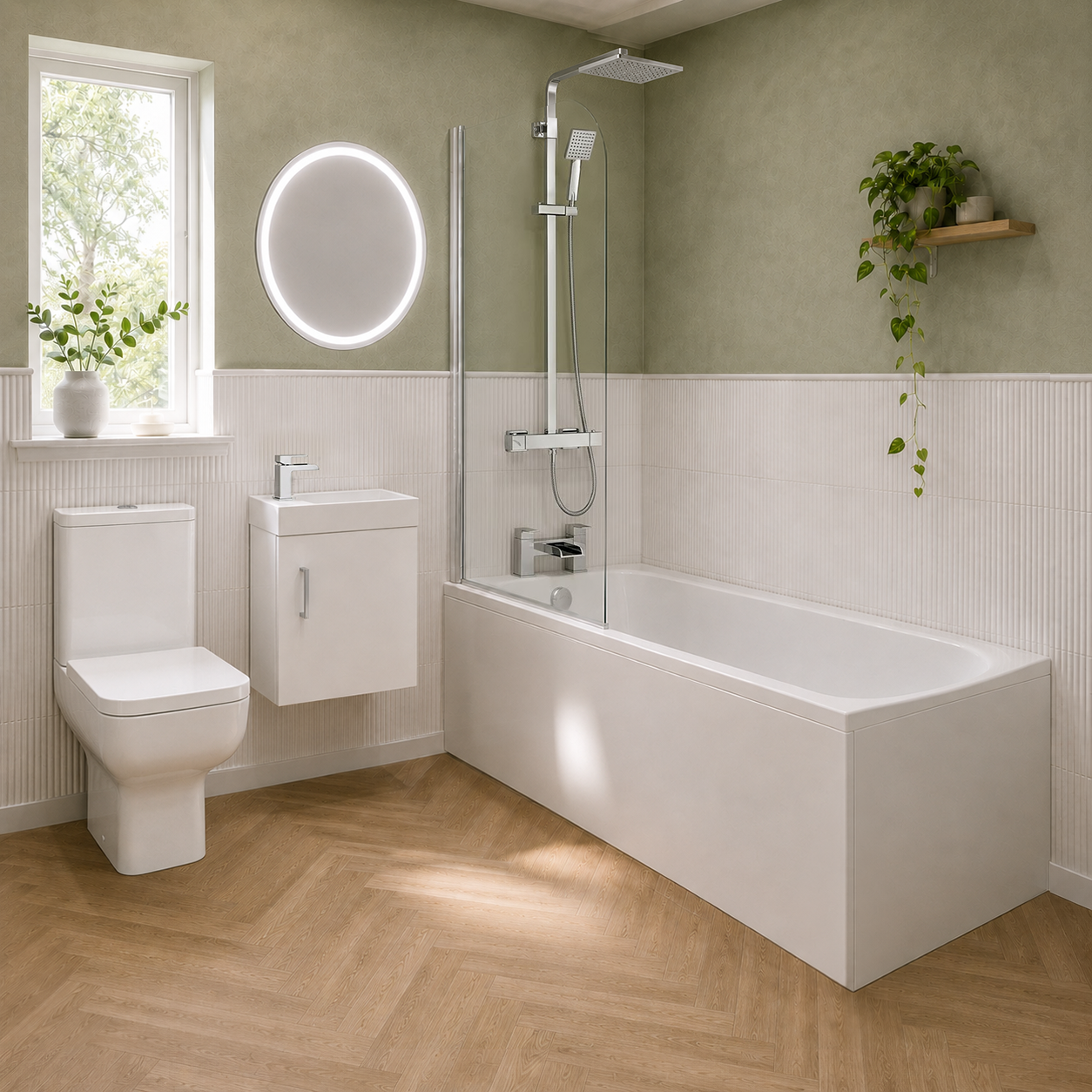 Small Bathroom Suite - Nanuya 1500mm Round Bath, 400mm Cloakroom Vanity Basin & Close Coupled Toilet with Chrome Fittings Set