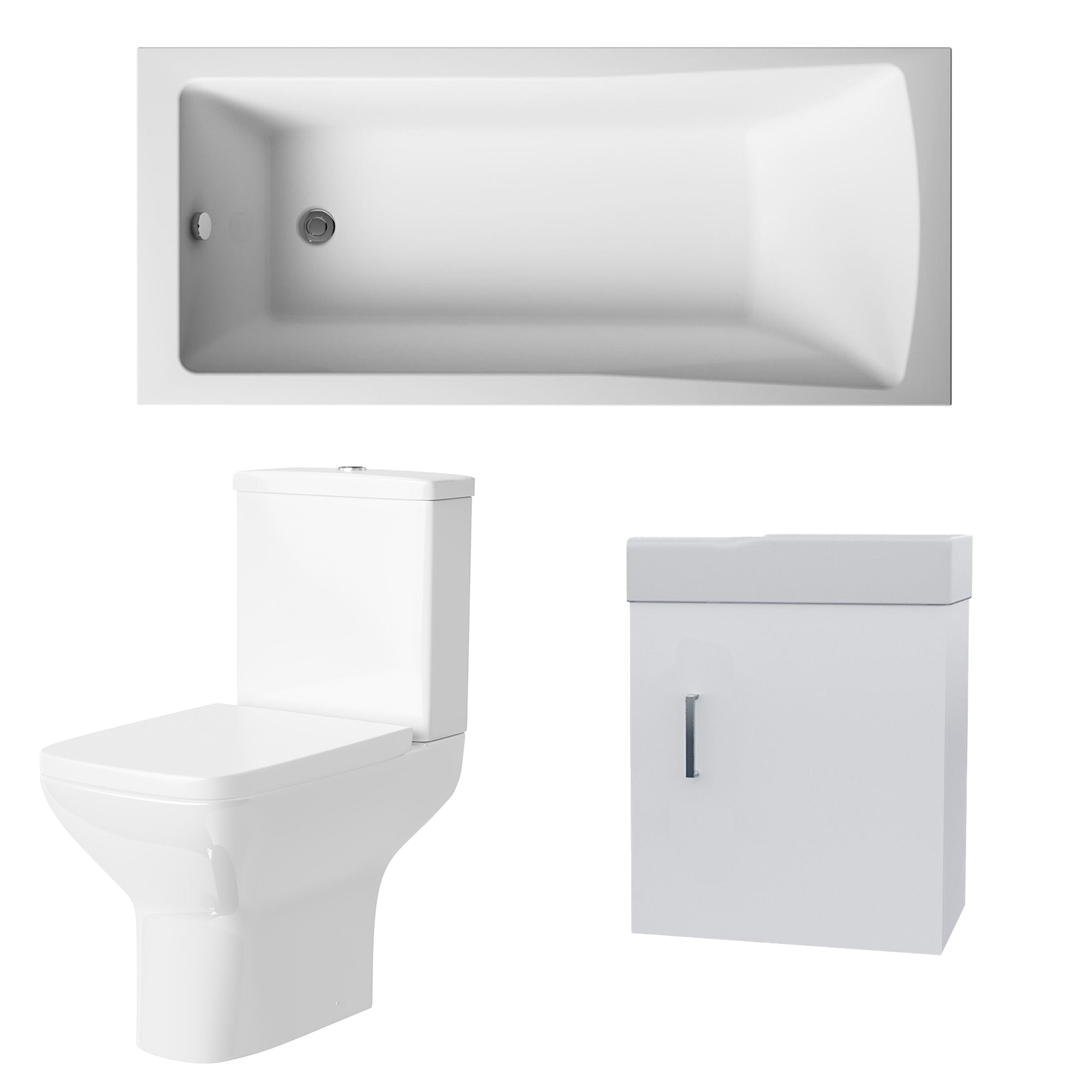 Small Bathroom Suite - Nanuya 1400mm Square Bath, 400mm White Cloakroom Wall Hung Basin Vanity with Close Coupled Toilet