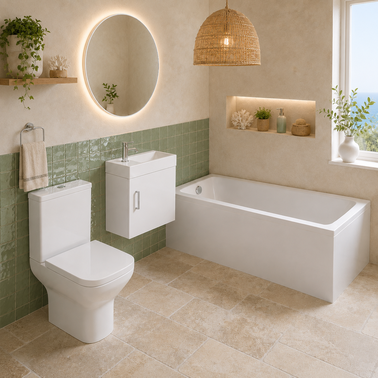 Small Bathroom Suite - Nanuya 1400mm Square Bath, 400mm White Cloakroom Wall Hung Basin Vanity with Close Coupled Toilet