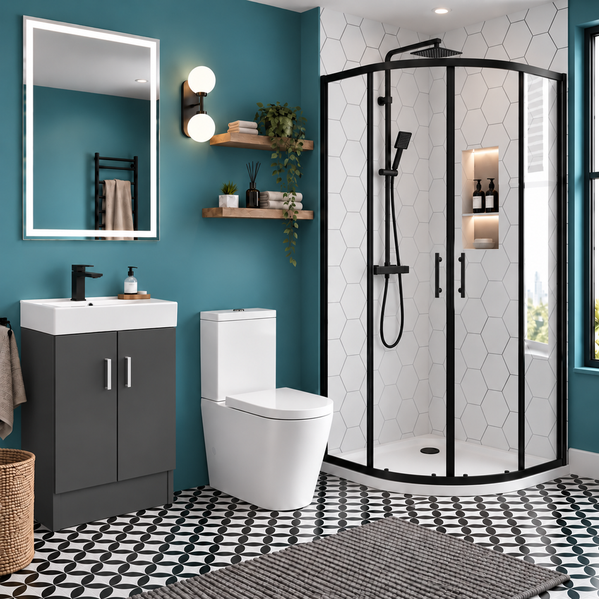 Enclosure Suite - 800mm Quadrant Screen with 450mm Anthracite Vanity Unit & Close Coupled Toilet - Set with Matte Black Fittings