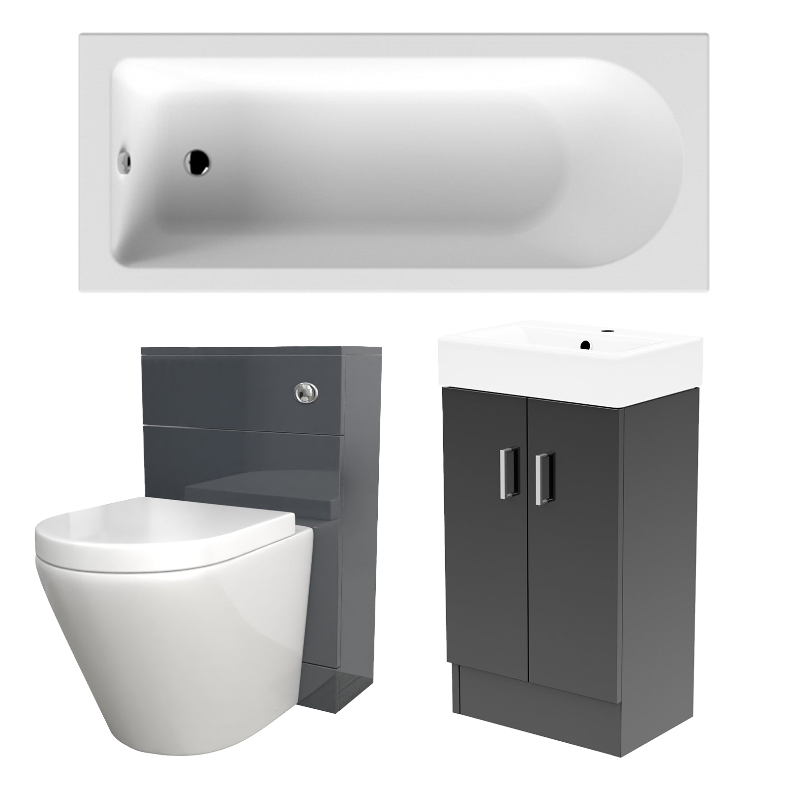 Small Bathroom Suite - Nanuya 1500mm Round Bath, 450mm Anthracite Cloakroom Basin Vanity, WC Unit & BTW Toilet