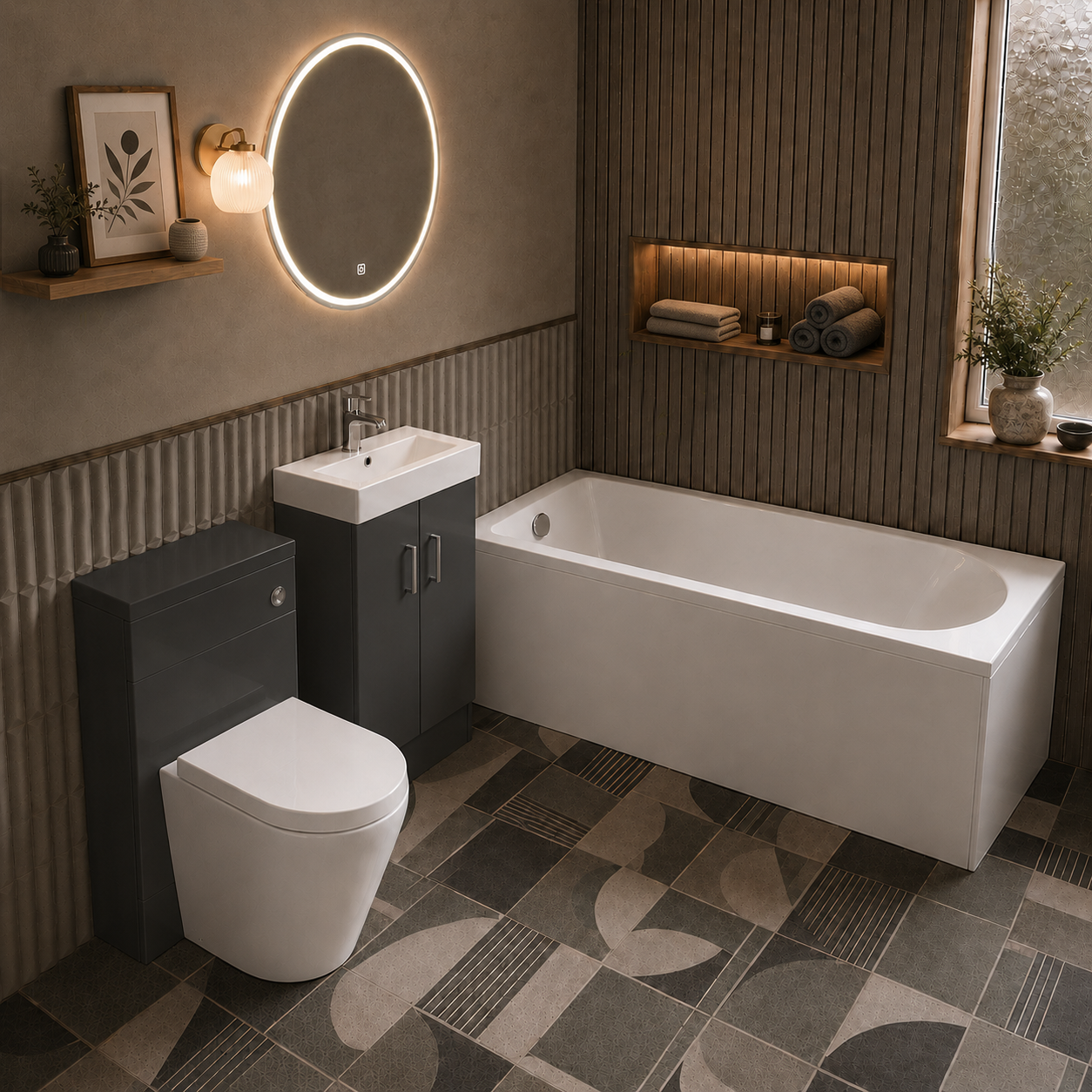 Small Bathroom Suite - Nanuya 1500mm Round Bath, 450mm Anthracite Cloakroom Basin Vanity, WC Unit & BTW Toilet