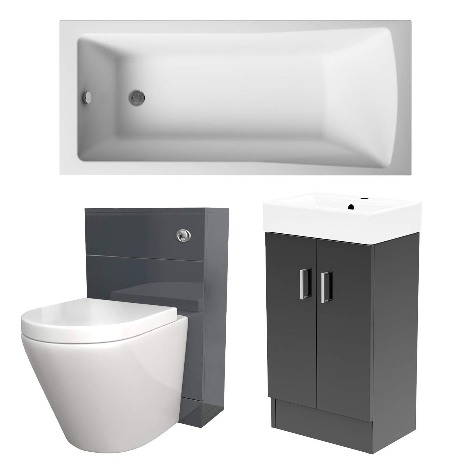 Small Bathroom Suite - Nanuya 1400mm Square Bath, 450mm Anthracite Cloakroom Basin Vanity, WC Unit & BTW Toilet