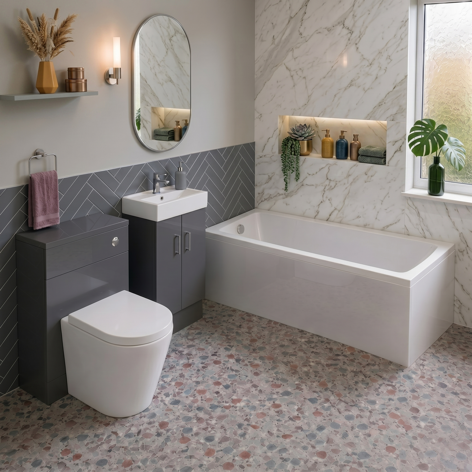 Small Bathroom Suite - Nanuya 1400mm Square Bath, 450mm Anthracite Cloakroom Basin Vanity, WC Unit & BTW Toilet