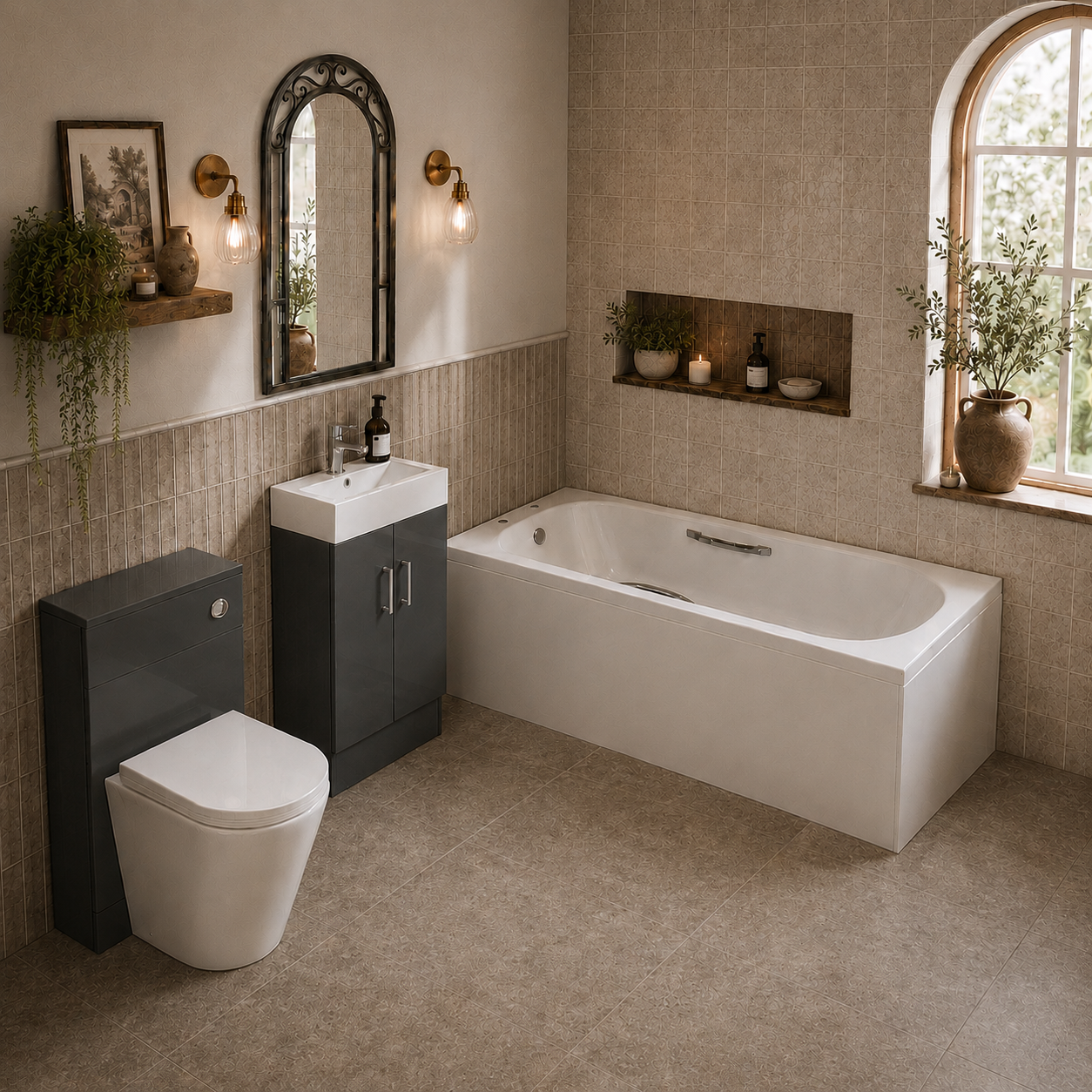 Small Bathroom Suite - Nanuya 1500mm Steel Bath, 450mm Anthracite Cloakroom Basin Vanity, WC Unit & BTW Toilet
