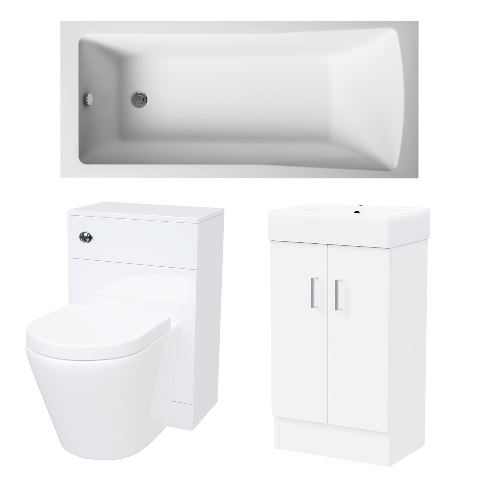 Small Bathroom Suite - Nanuya 1400mm Square Bath, 450mm Cloakroom Basin Vanity, WC Unit & BTW Toilet