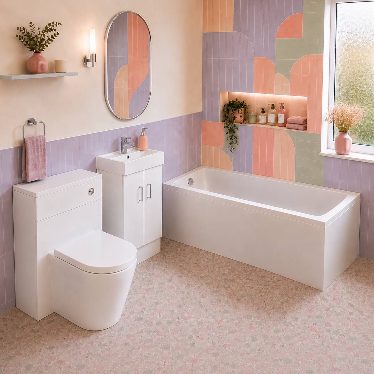 Small Bathroom Suite - Nanuya 1400mm Square Bath, 450mm Cloakroom Basin Vanity, WC Unit & BTW Toilet
