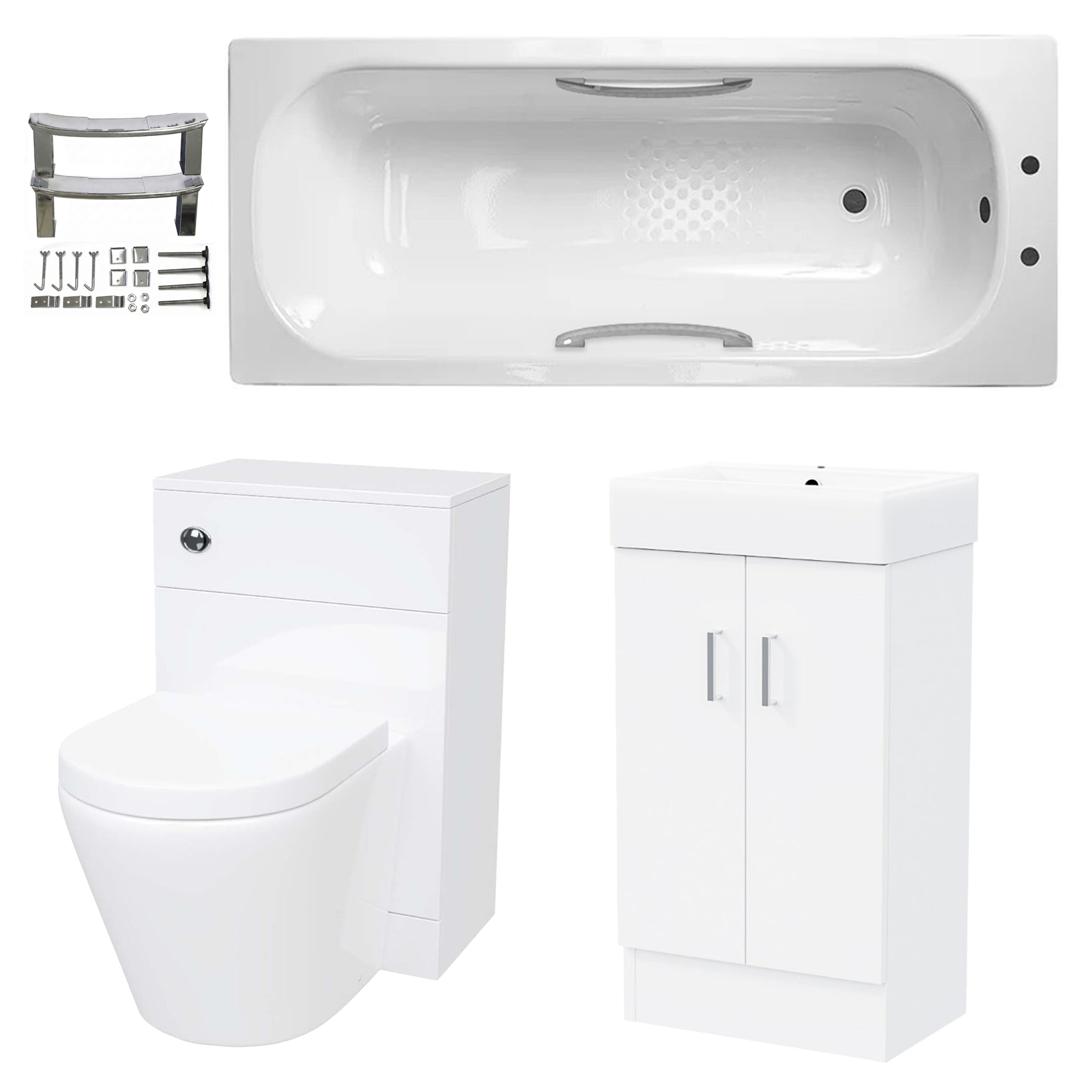Small Bathroom Suite - Nanuya 1500mm Steel Bath, 450mm Cloakroom Basin Vanity Unit, WC Unit & BTW Toilet