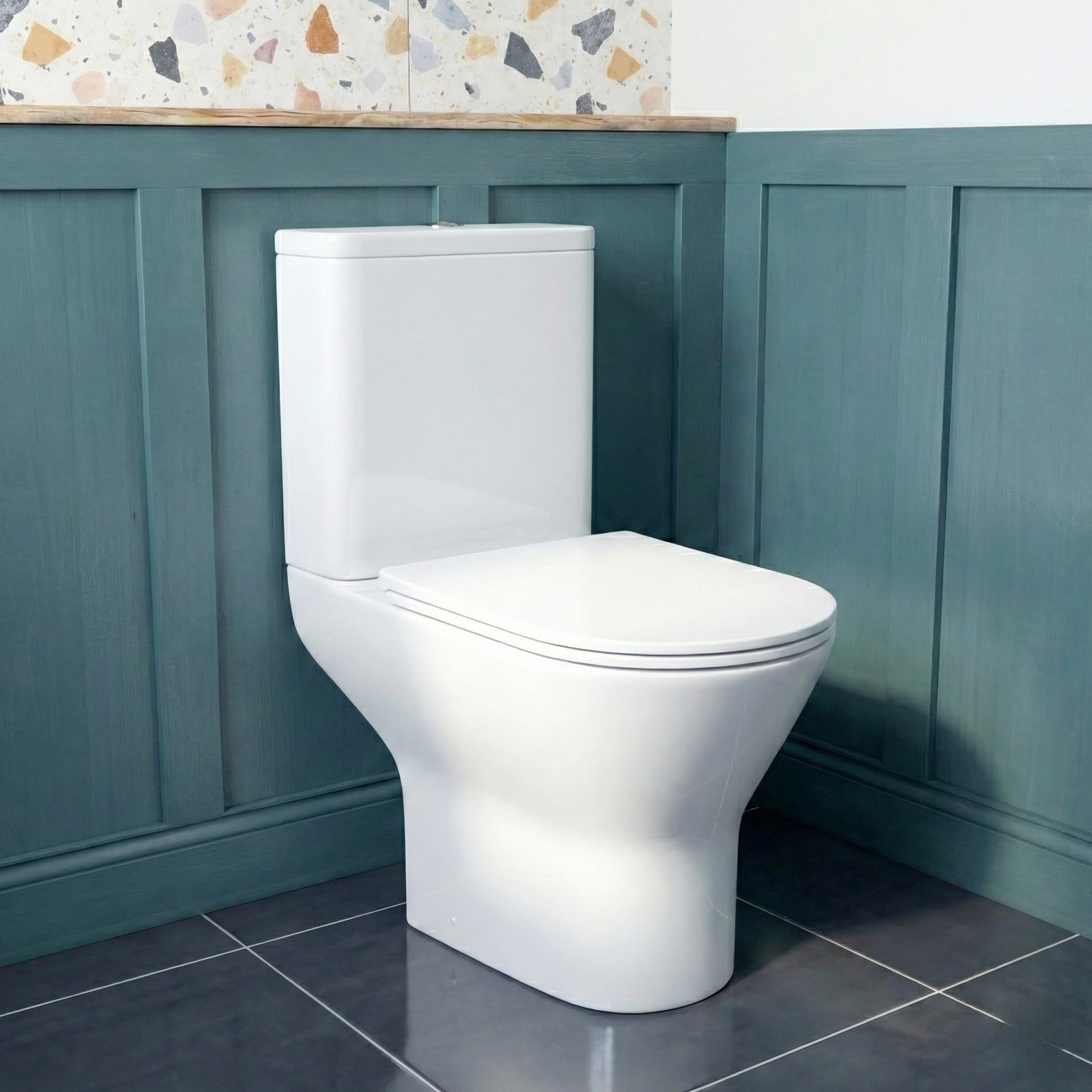 Nanuya 500mm Matte Grey Cloakroom Freestanding Vanity with Round Basin + Theo Contemporary Rimless Close Coupled Toilet Set