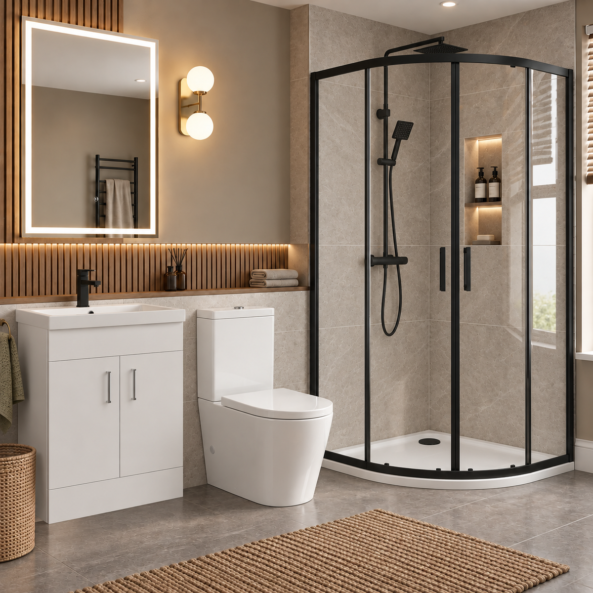 Enclosure Suite - 800mm Quadrant Screen with 500mm Vanity Unit & Close Coupled Toilet - Set with Matte Black Fittings