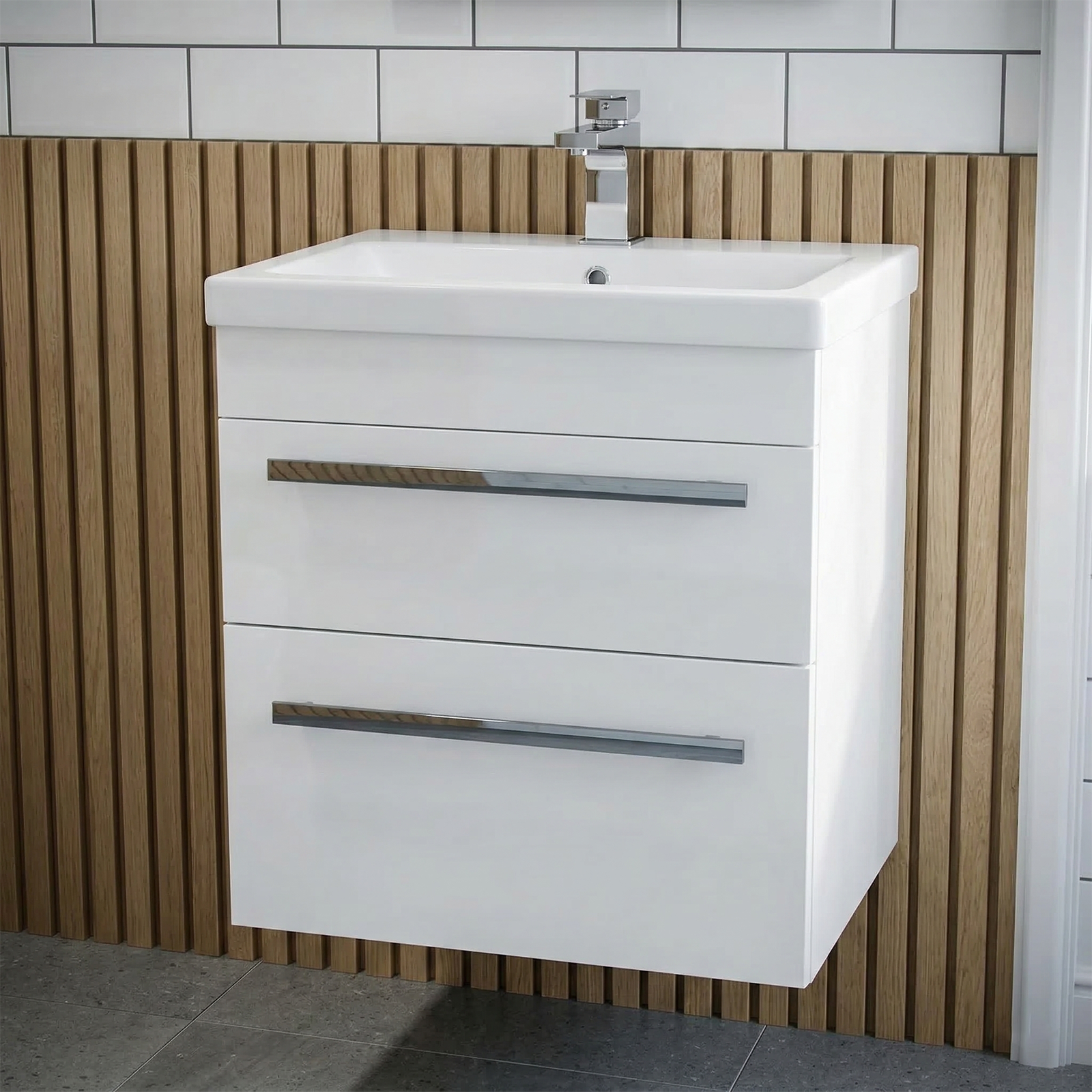 Nanuya Cloakroom 500mm White Wall Hung 2 Drawer Vanity Basin Unit & Close Coupled Toilet with Soft Close Seat
