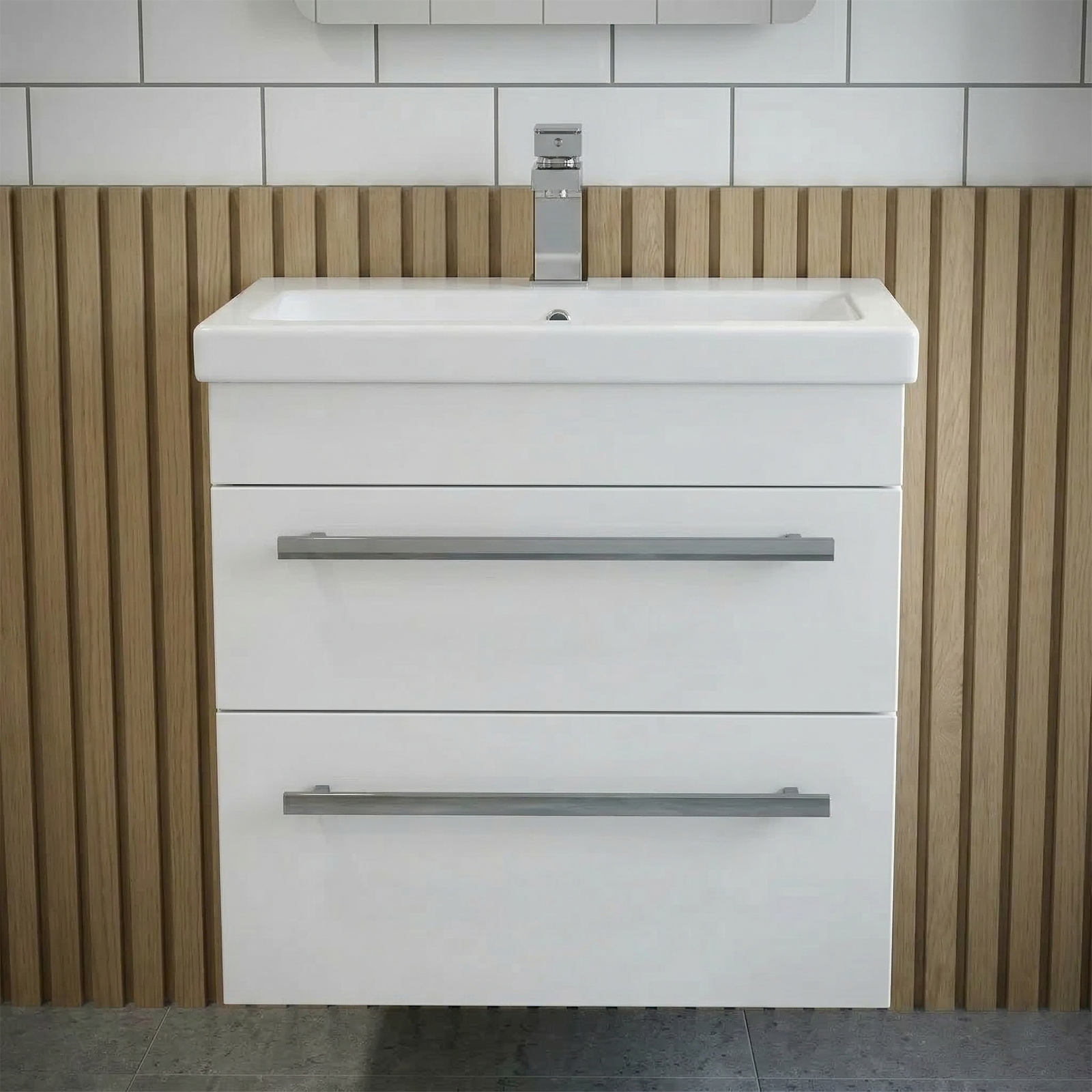 Nanuya Cloakroom 500mm White Wall Hung 2 Drawer Vanity Basin Unit & Close Coupled Toilet with Soft Close Seat