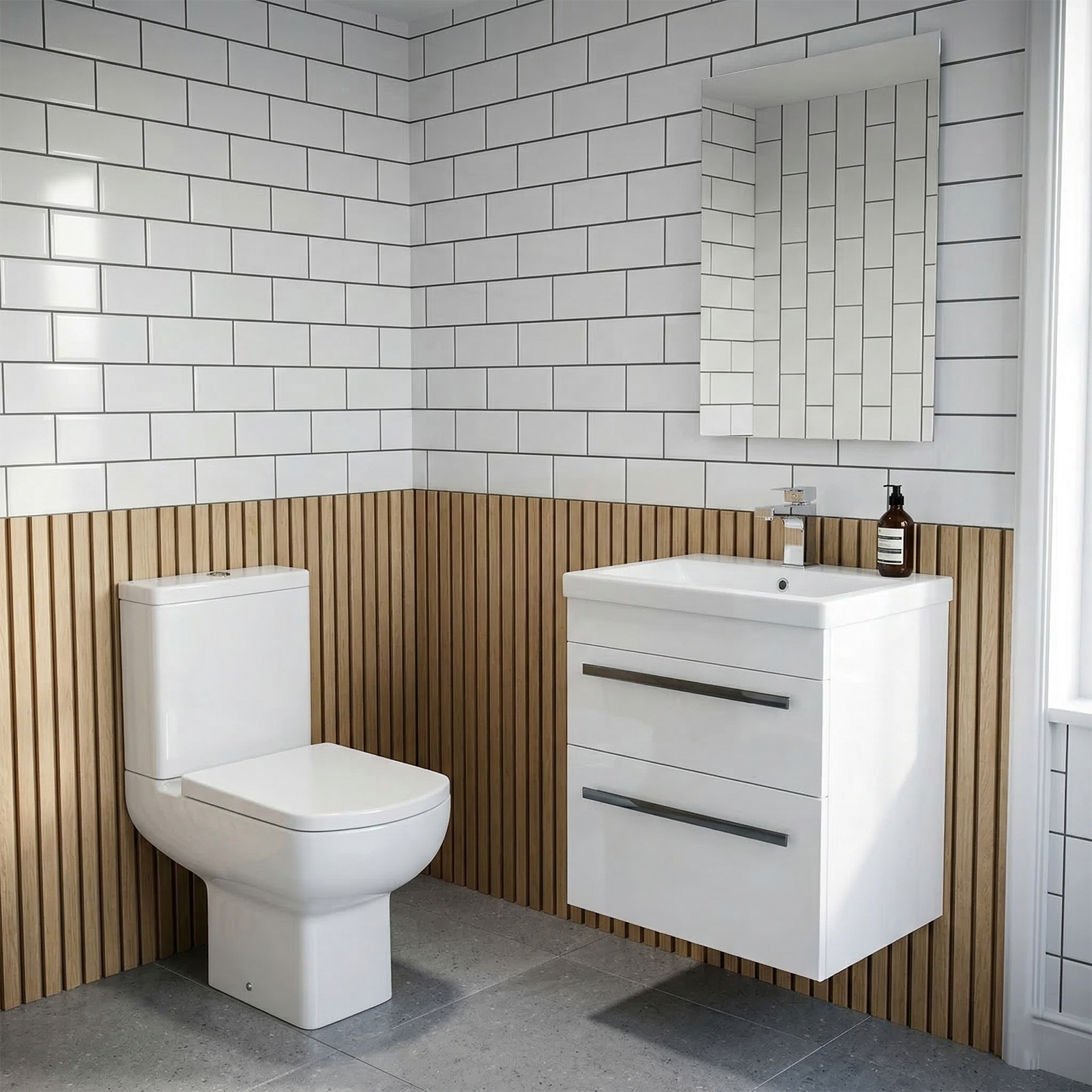 Nanuya Cloakroom 500mm White Wall Hung 2 Drawer Vanity Basin Unit & Close Coupled Toilet with Soft Close Seat