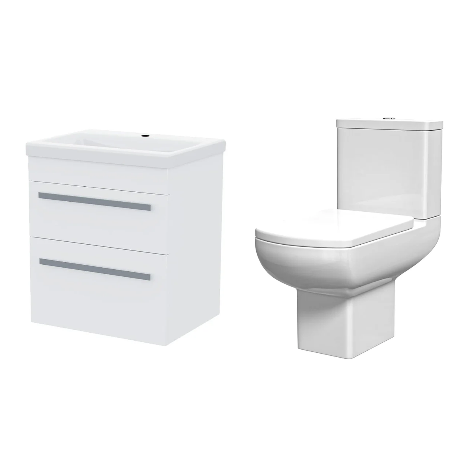 Nanuya Cloakroom 500mm White Wall Hung 2 Drawer Vanity Basin Unit & Close Coupled Toilet with Soft Close Seat