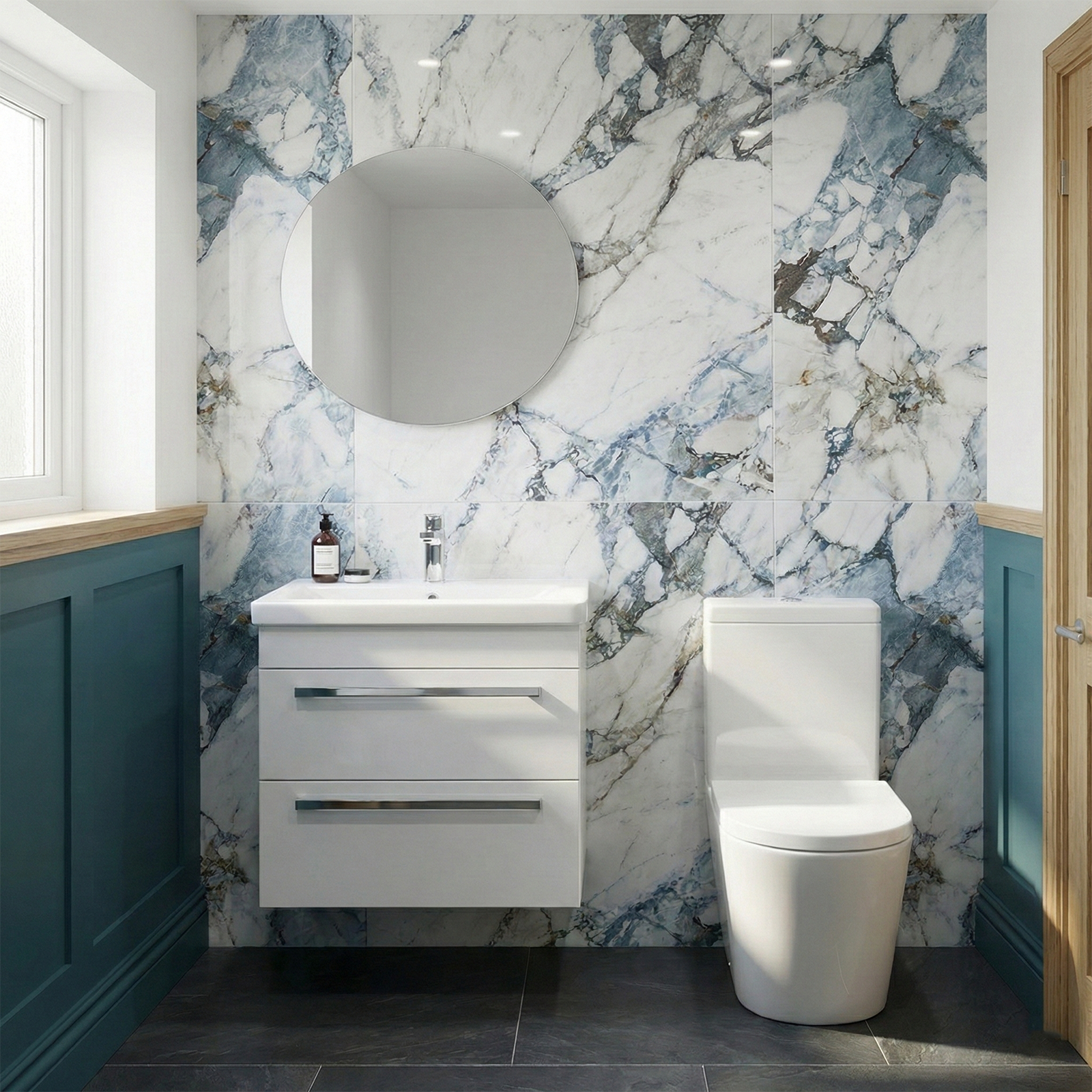 Nanuya 500mm White Wall Hung 2 Drawer Vanity Unit with Basin + Oakham Close Coupled Toilet with Soft Close Seat