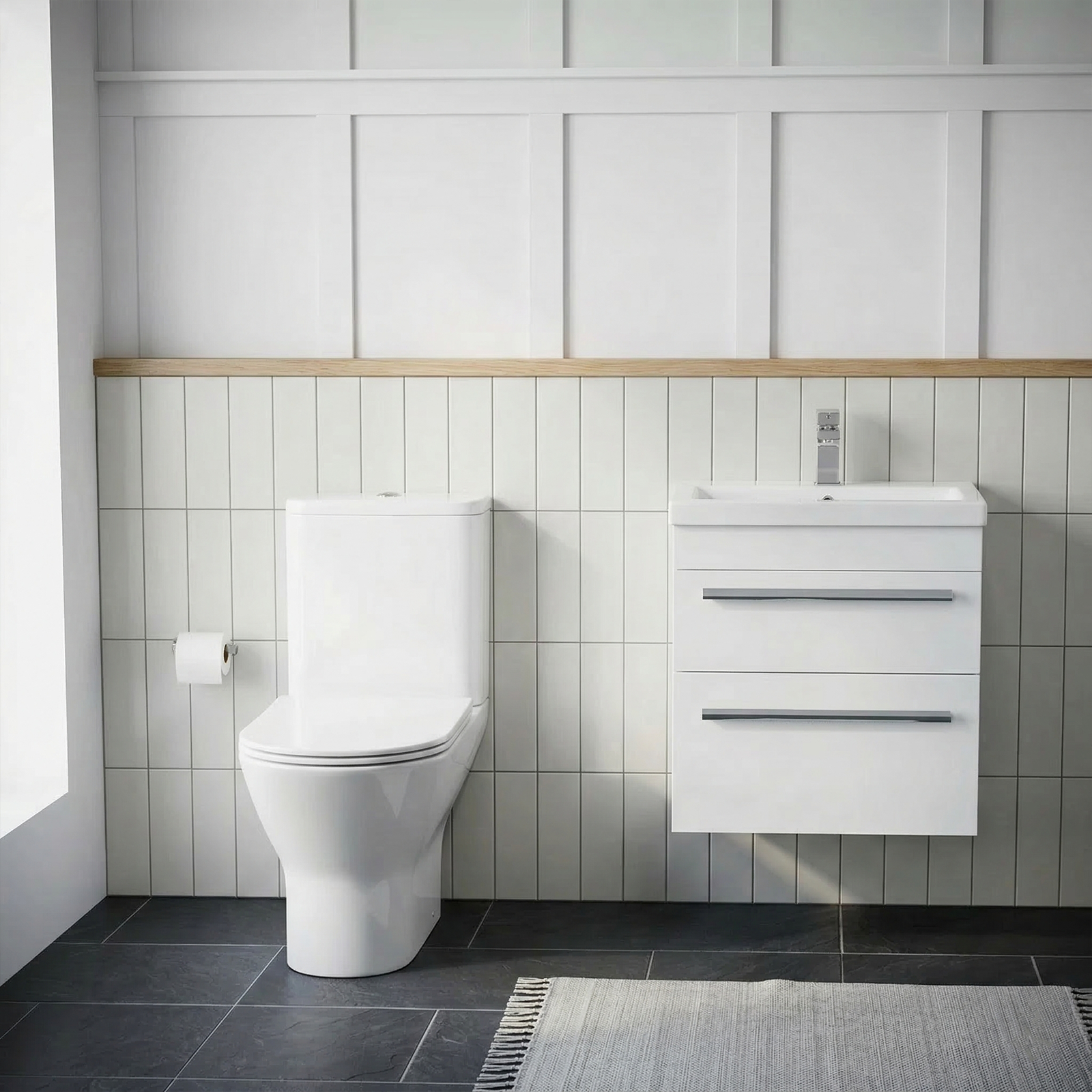 Nanuya Cloakroom 500mm White Wall Hung 2 Drawer Vanity Basin Unit & Close Coupled Toilet with Soft Close Seat