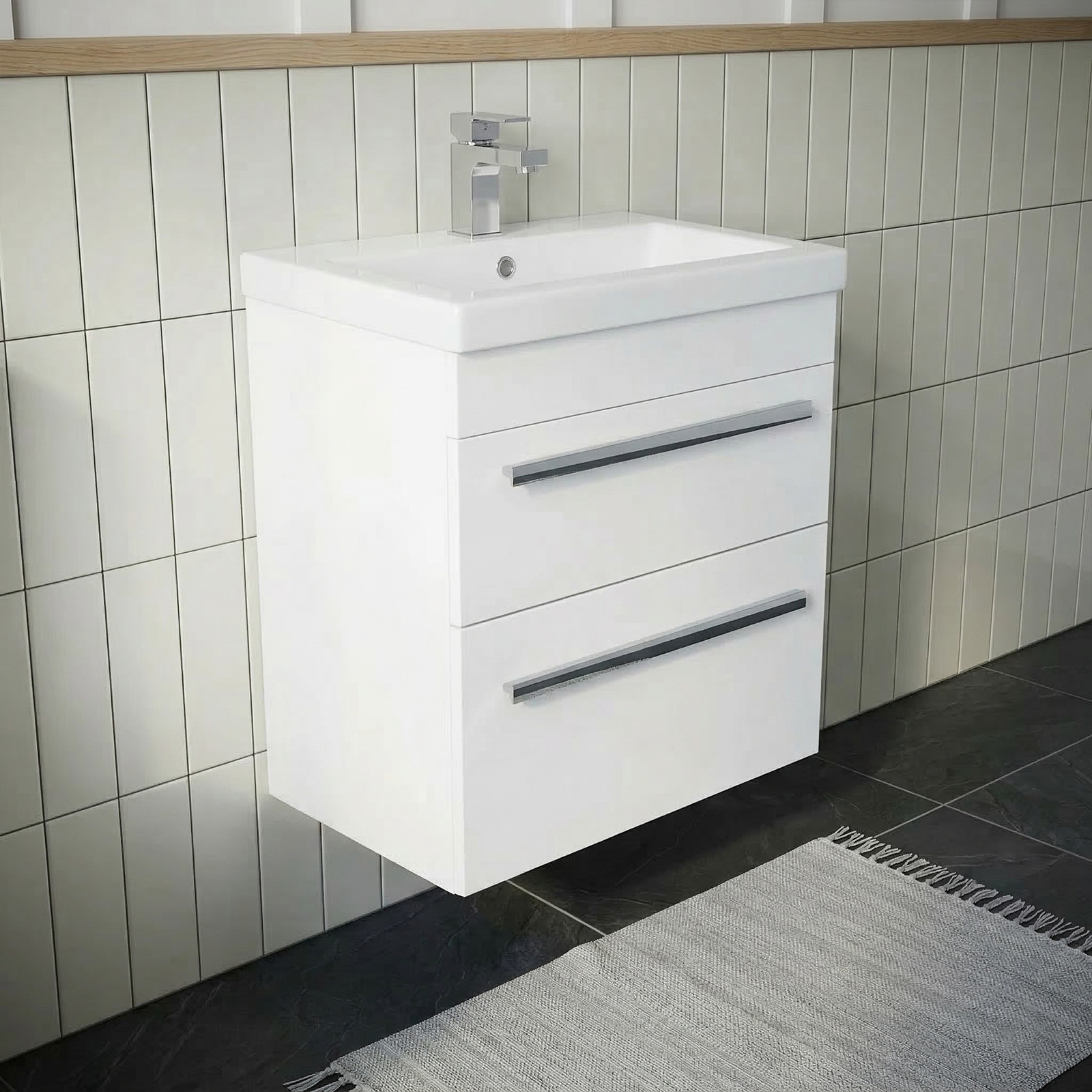 Nanuya Cloakroom 500mm White Wall Hung 2 Drawer Vanity Basin Unit & Close Coupled Toilet with Soft Close Seat
