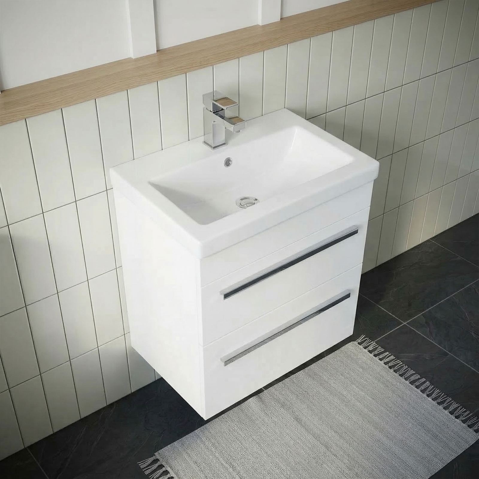 Nanuya Cloakroom 500mm White Wall Hung 2 Drawer Vanity Basin Unit & Close Coupled Toilet with Soft Close Seat