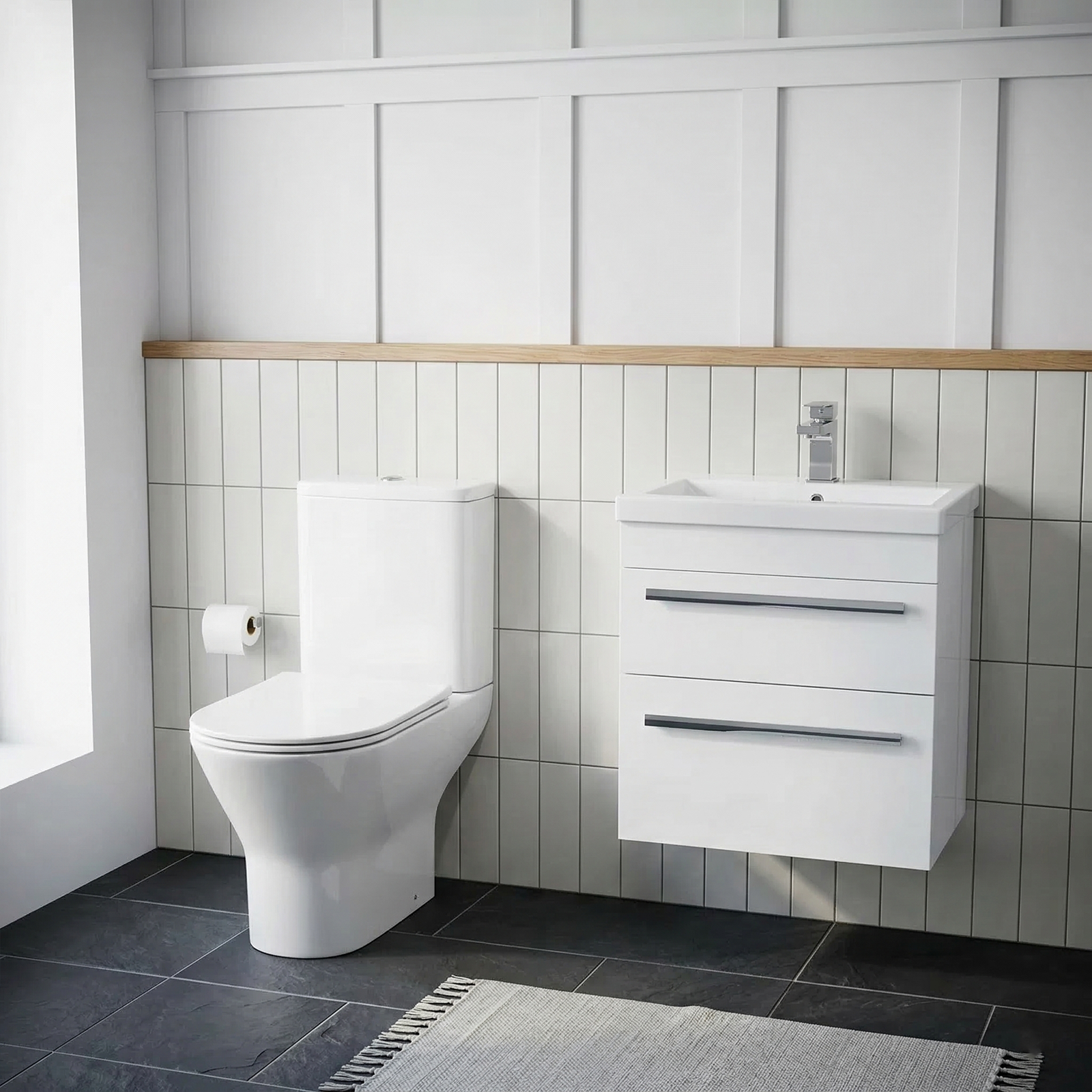 Nanuya Cloakroom 500mm White Wall Hung 2 Drawer Vanity Basin Unit & Close Coupled Toilet with Soft Close Seat