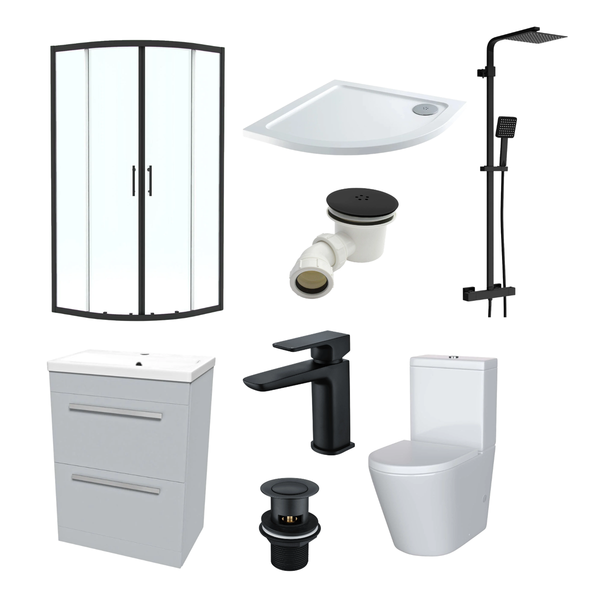 Enclosure Suite - 800mm Quadrant Screen with 600mm Matte Grey Vanity Unit & Close Coupled Toilet - Set with Matte Black Fittings