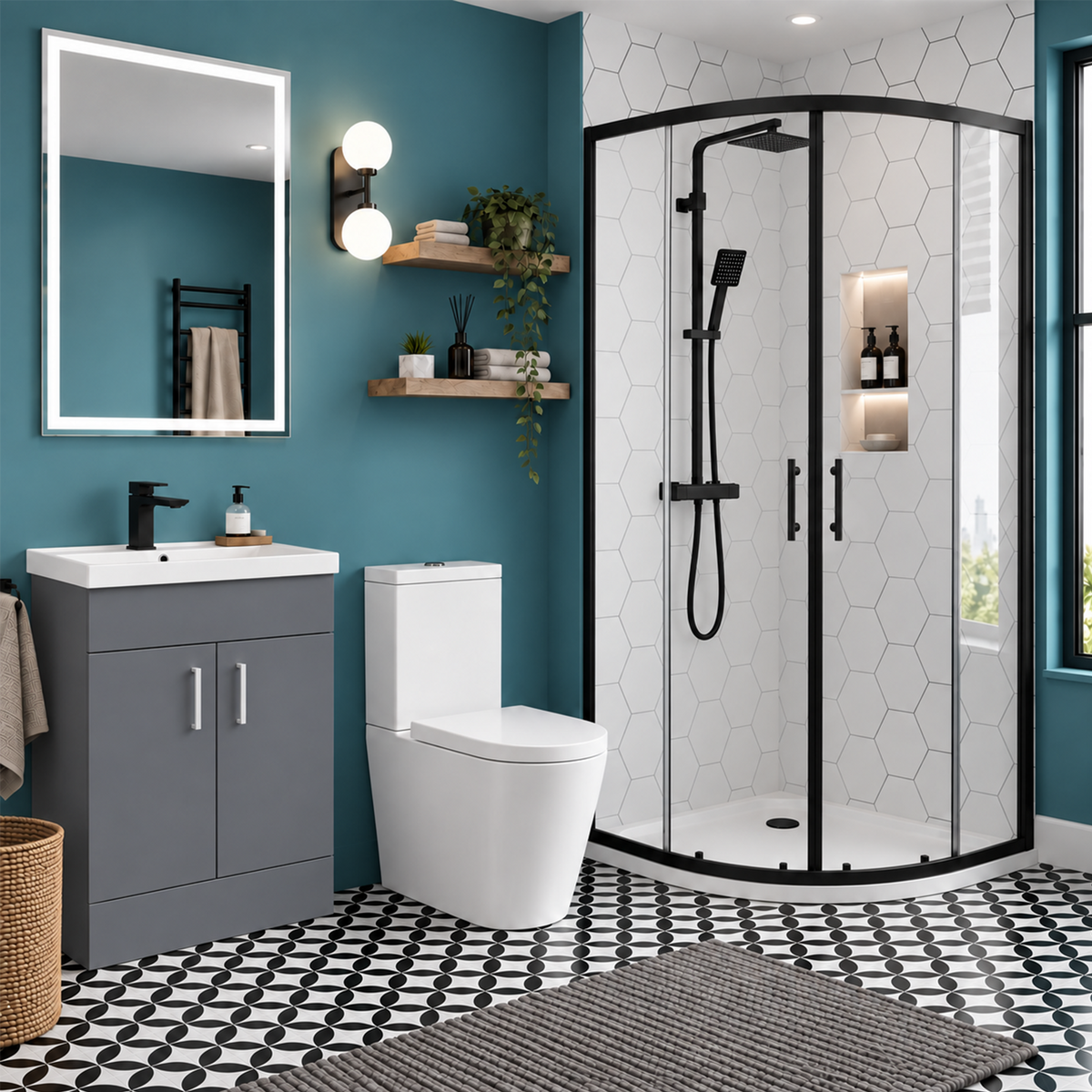 Enclosure Suite - 800mm Quadrant Shower Enclosure with 600mm Dark Grey Vanity Unit & Close Coupled Toilet - Set with Matte Black Fittings