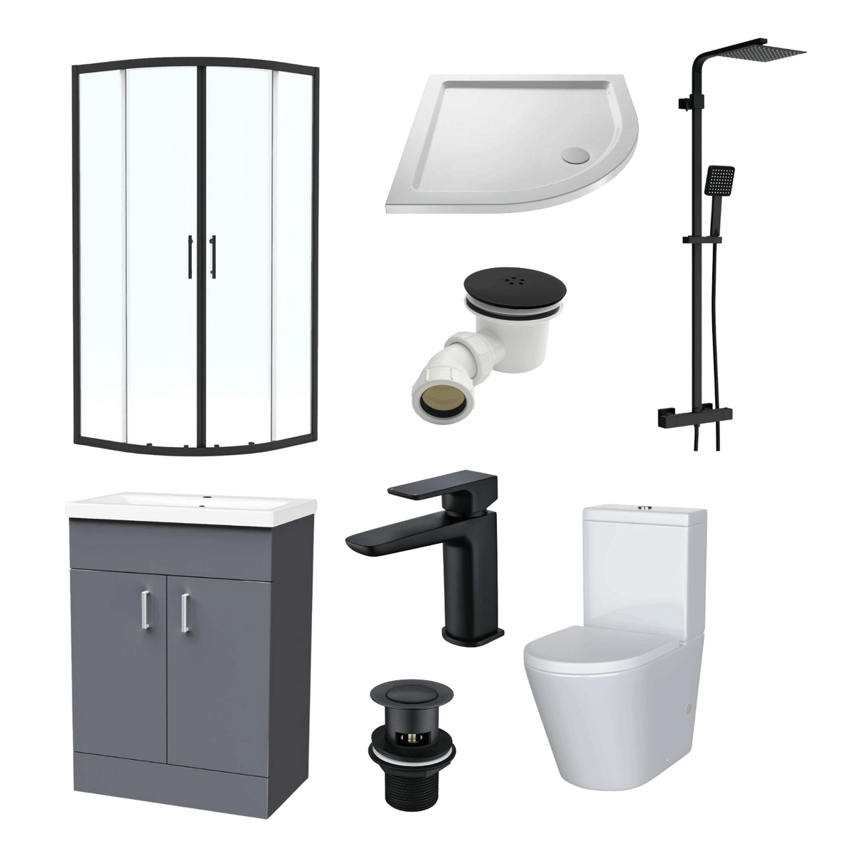 Enclosure Suite - 900mm Quadrant Shower Enclosure with 600mm Dark Grey Vanity Unit & Close Coupled Toilet - Set with Matte Black Fittings