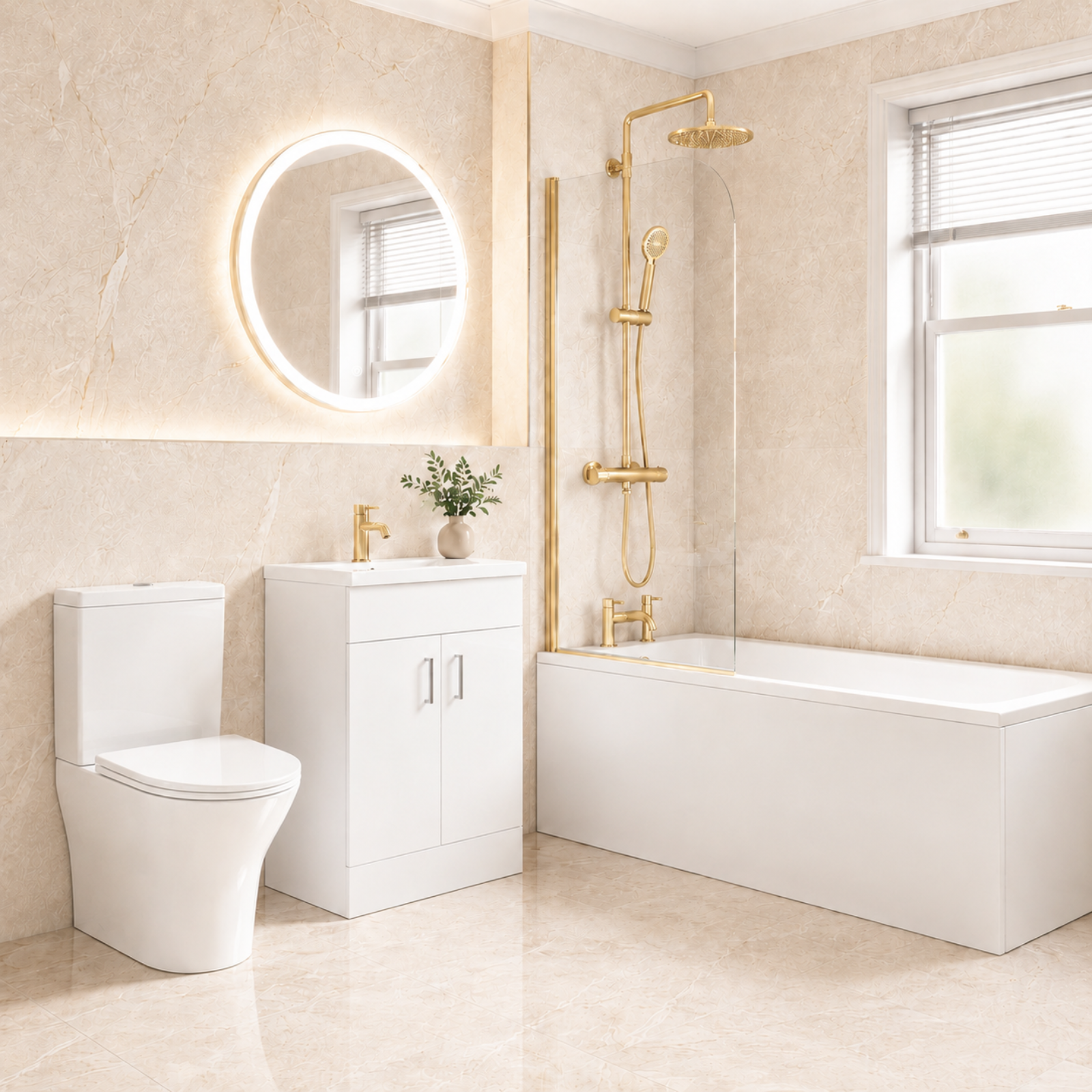 Bathroom Suite - Alaska 1400mm Square Single Ended Bathtub with Screen, 600mm Vanity Unit & Close Coupled Toilet - Set with Brushed Brass Fittings