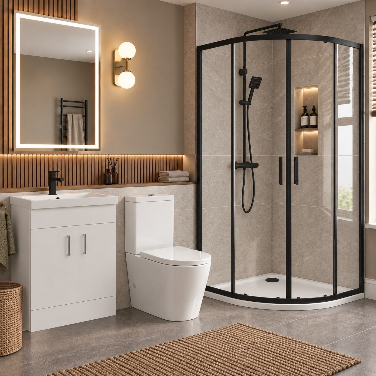 Enclosure Suite - 800mm Quadrant Screen with 600mm Vanity Unit & Close Coupled Toilet - Set with Matte Black Fittings