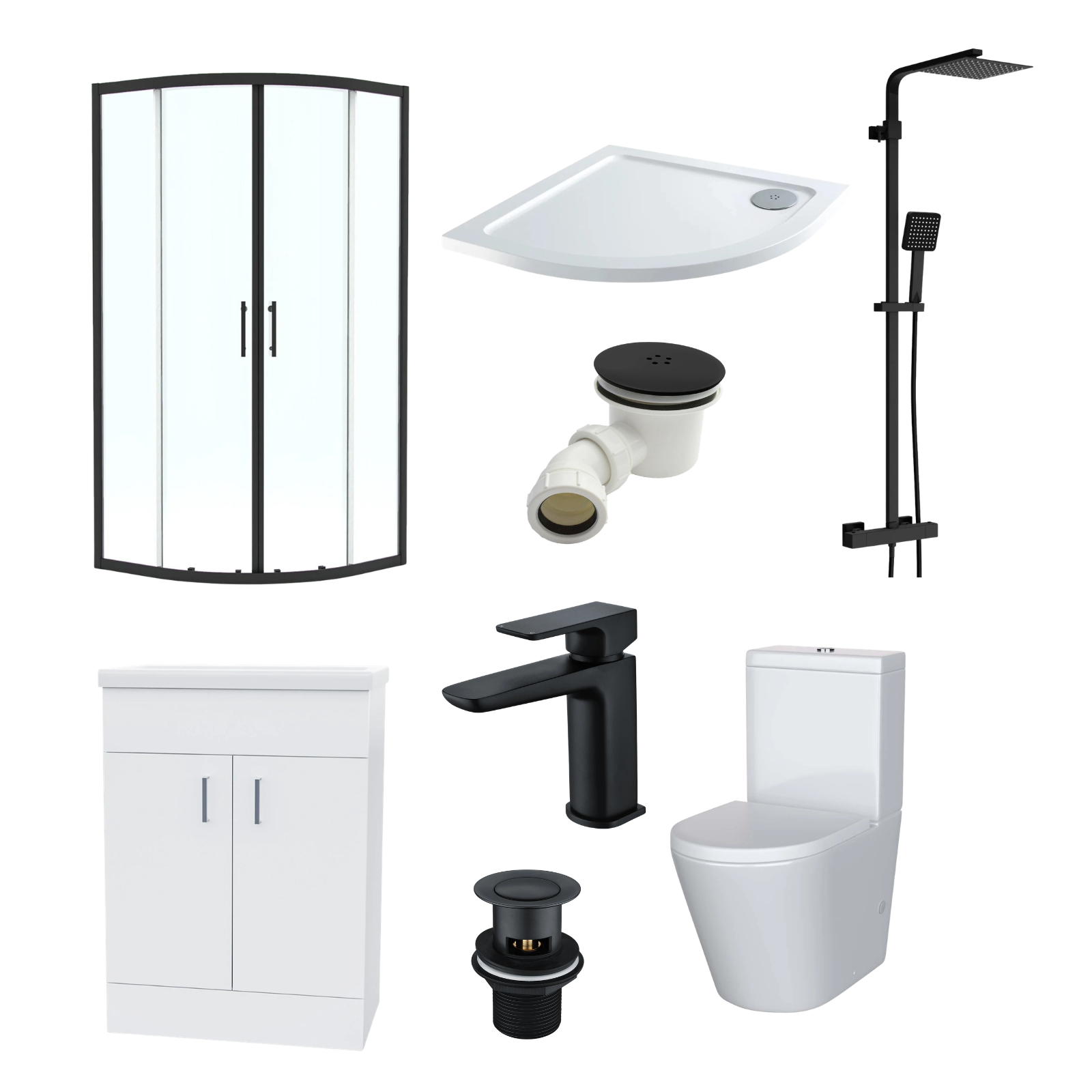 Enclosure Suite - 800mm Quadrant Screen with 600mm Vanity Unit & Close Coupled Toilet - Set with Matte Black Fittings