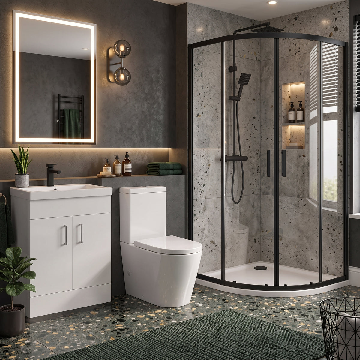 Enclosure Suite - 900mm Quadrant Screen with 600mm Vanity Unit & Close Coupled Toilet - Set with Matte Black Fittings