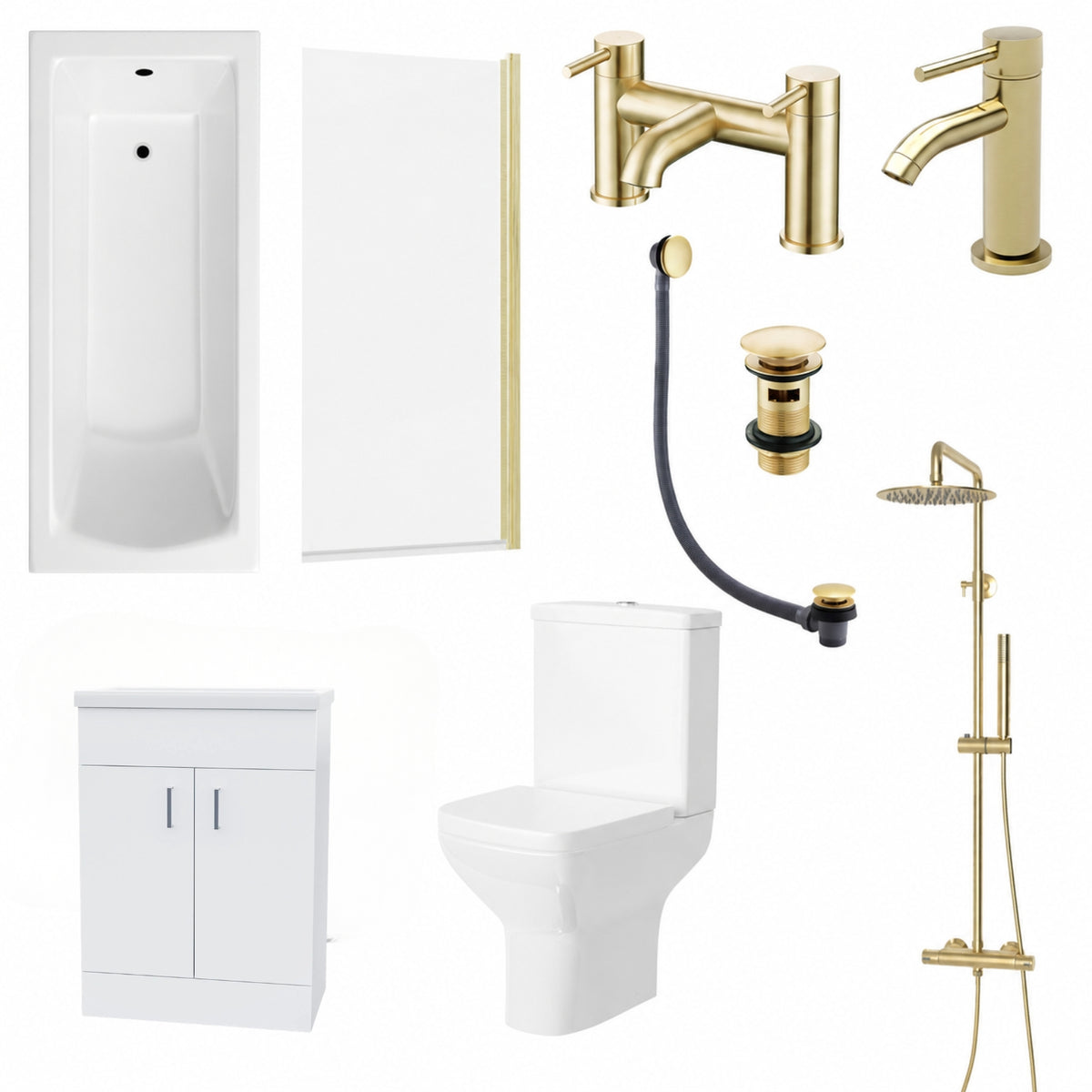 Bathroom Suite - Alaska 1600mm Square Shower Bath, 600mm Vanity Unit & Toilet Set with Brushed Brass Fittings