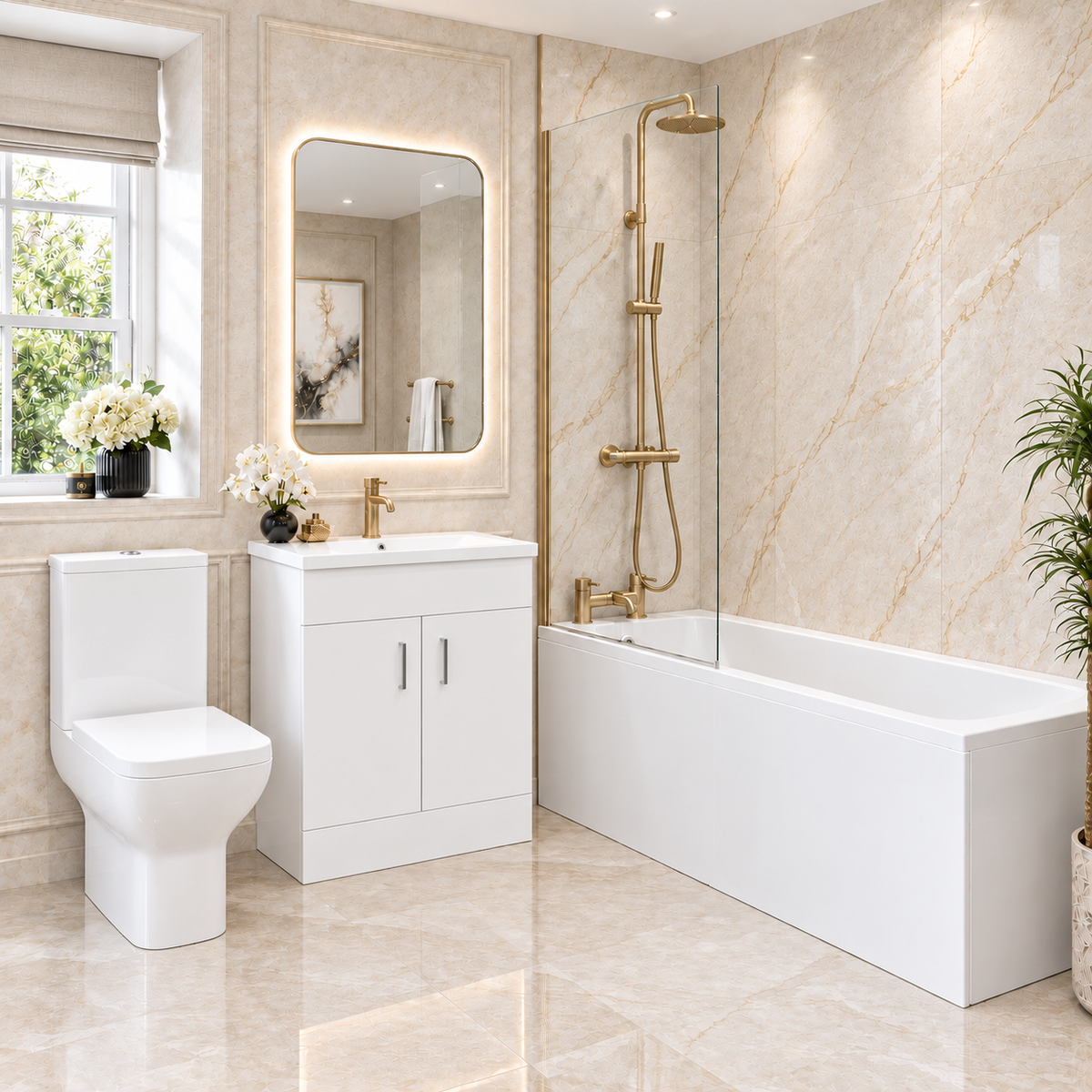 Bathroom Suite - Alaska 1700mm Square Shower Bath, 600mm Vanity Unit & Toilet Set with Brushed Brass Fittings