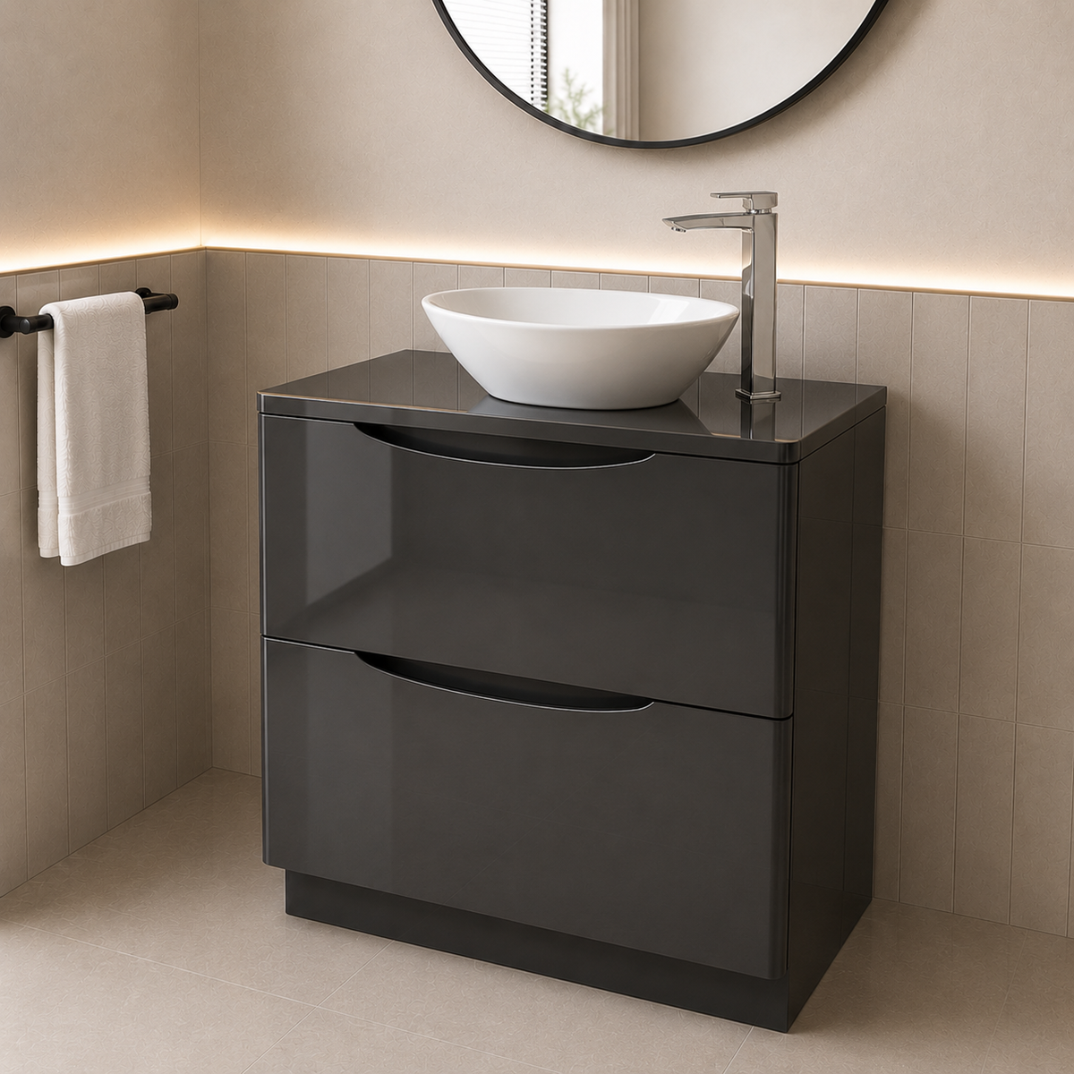 Merton Dark Grey 800mm Freestanding Countertop Vanity with 410mm White Oval Basin