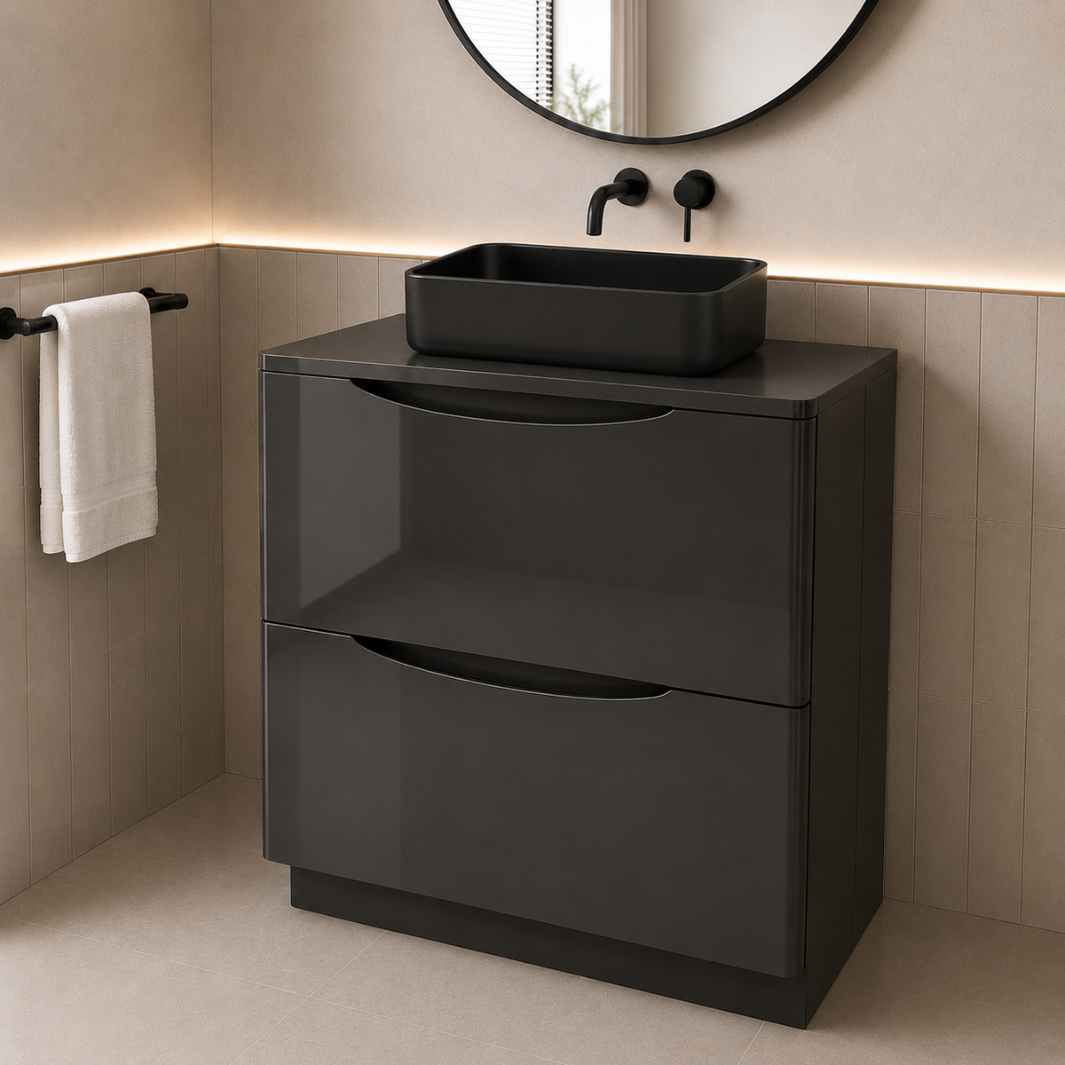Merton Dark Grey 800mm Freestanding Countertop Vanity with 490mm Matte Black Rectangle Basin