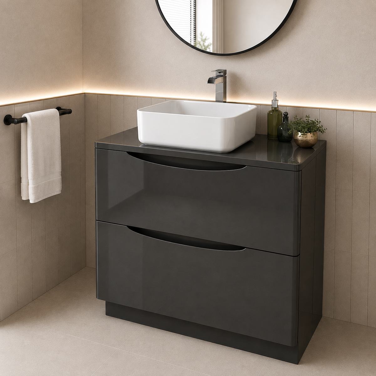 Merton Dark Grey 800mm Freestanding Countertop Vanity Unit with 390mm Gloss White Square Basin