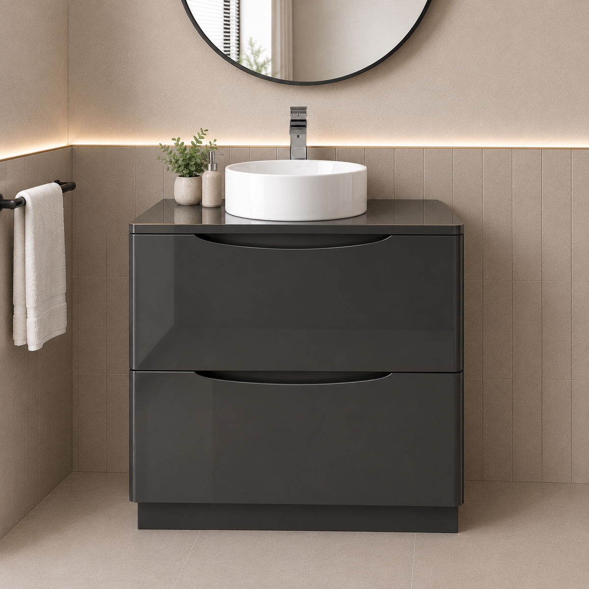 Merton Dark Grey 800mm Freestanding Countertop Vanity with 360mm Gloss White Round Basin