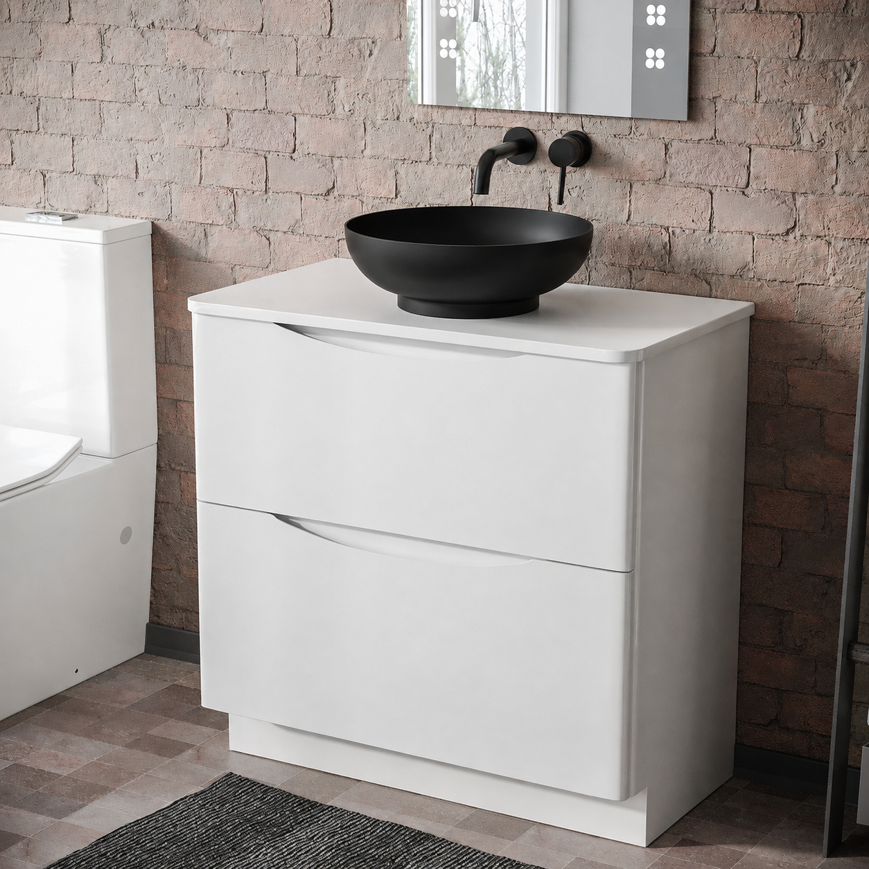 Merton 800mm Gloss White Freestanding Vanity Unit with Worktop and 410mm Matte Black Oval Countertop Basin