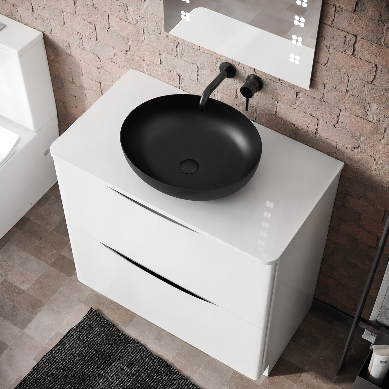 Merton 800mm Gloss White Freestanding Vanity Unit with Worktop and 410mm Matte Black Oval Countertop Basin