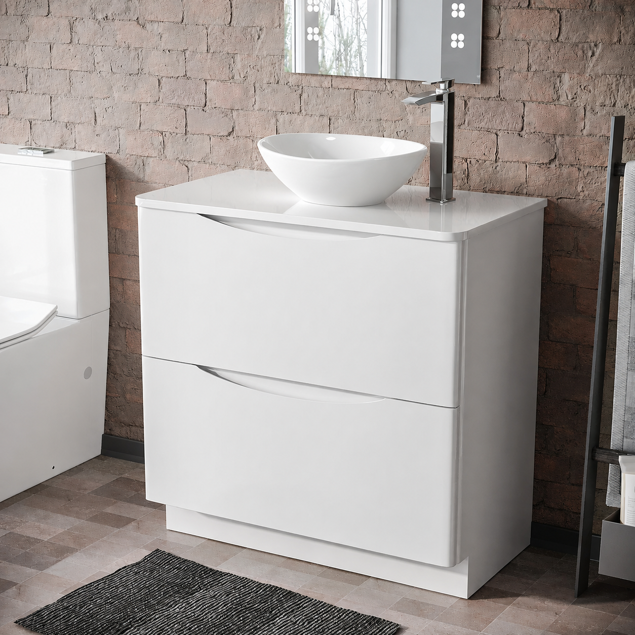 Merton 800mm Gloss White Freestanding Vanity Unit with Worktop and 410mm White Oval Counter Top Basin