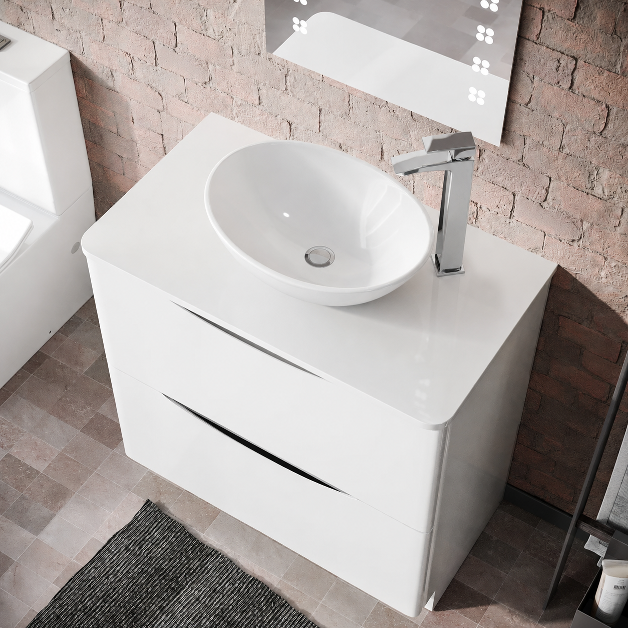 Merton 800mm Gloss White Freestanding Vanity Unit with Worktop and 410mm White Oval Counter Top Basin