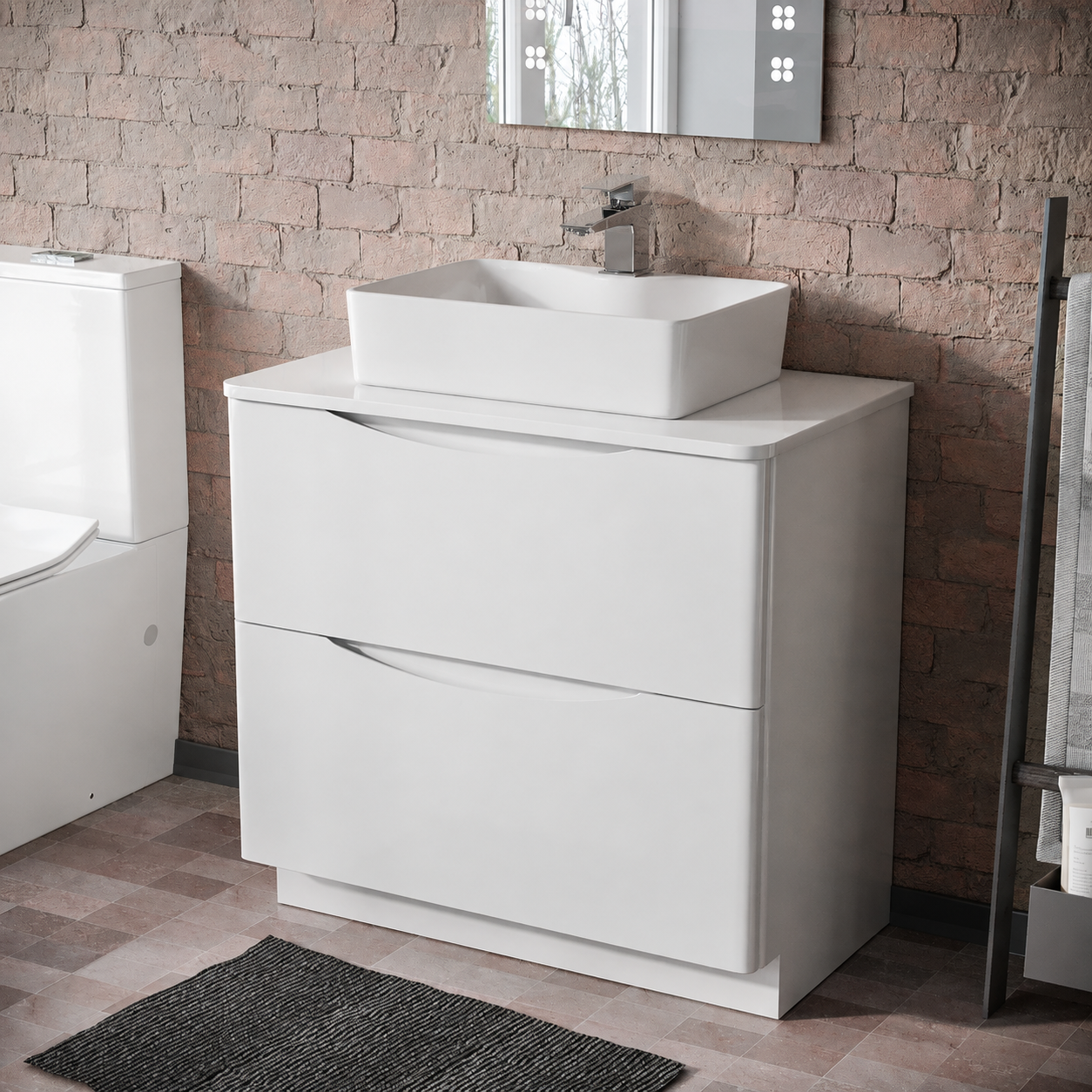 Merton 800mm Gloss White Freestanding Vanity Unit with Worktop and 485mm White Rectangle Countertop Basin Unit
