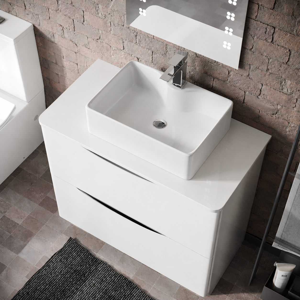 Merton 800mm Gloss White Freestanding Vanity Unit with Worktop and 485mm White Rectangle Countertop Basin Unit