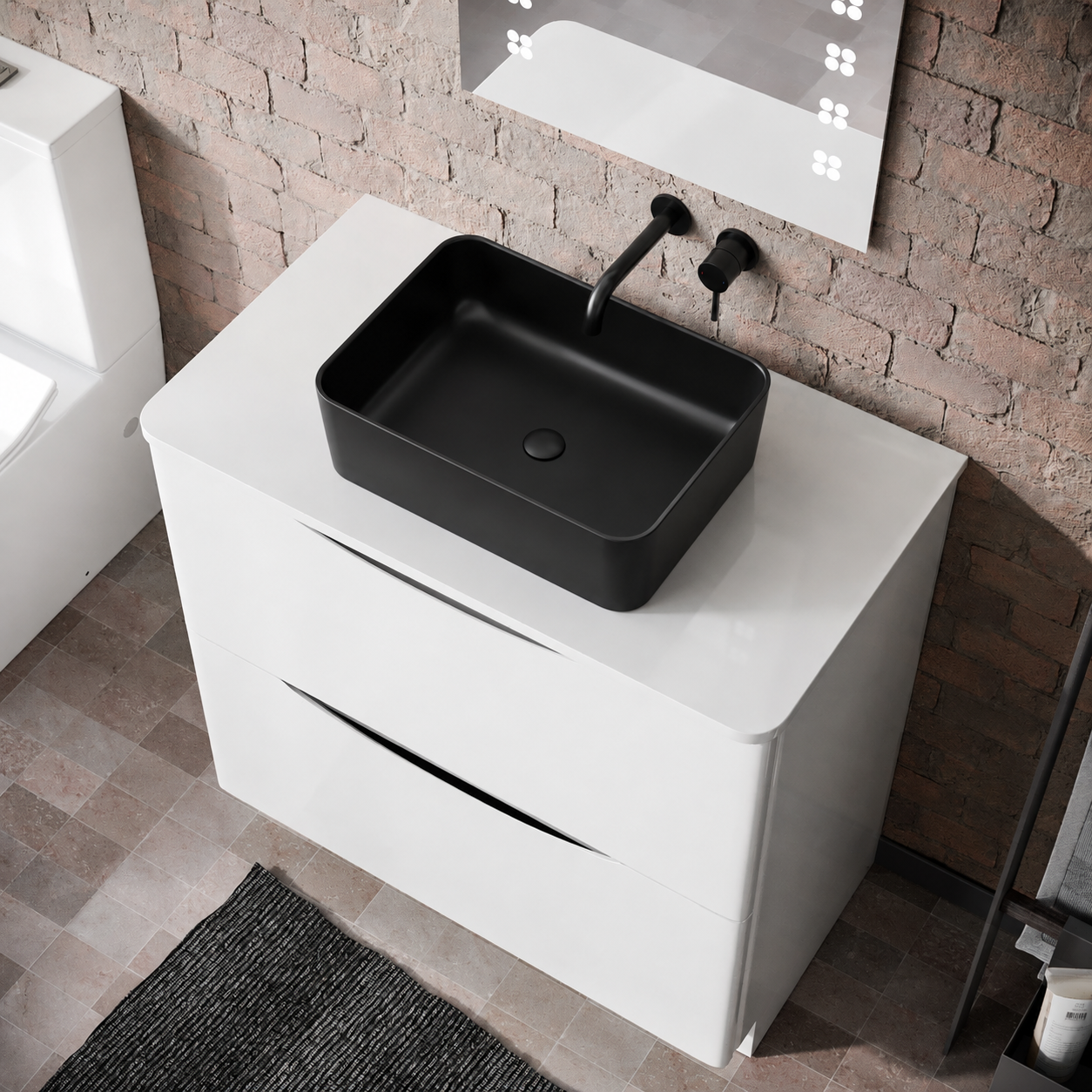 Merton 800mm Gloss White Freestanding Vanity Unit with Worktop and 490mm Rectangle Matte Black Countertop Basin