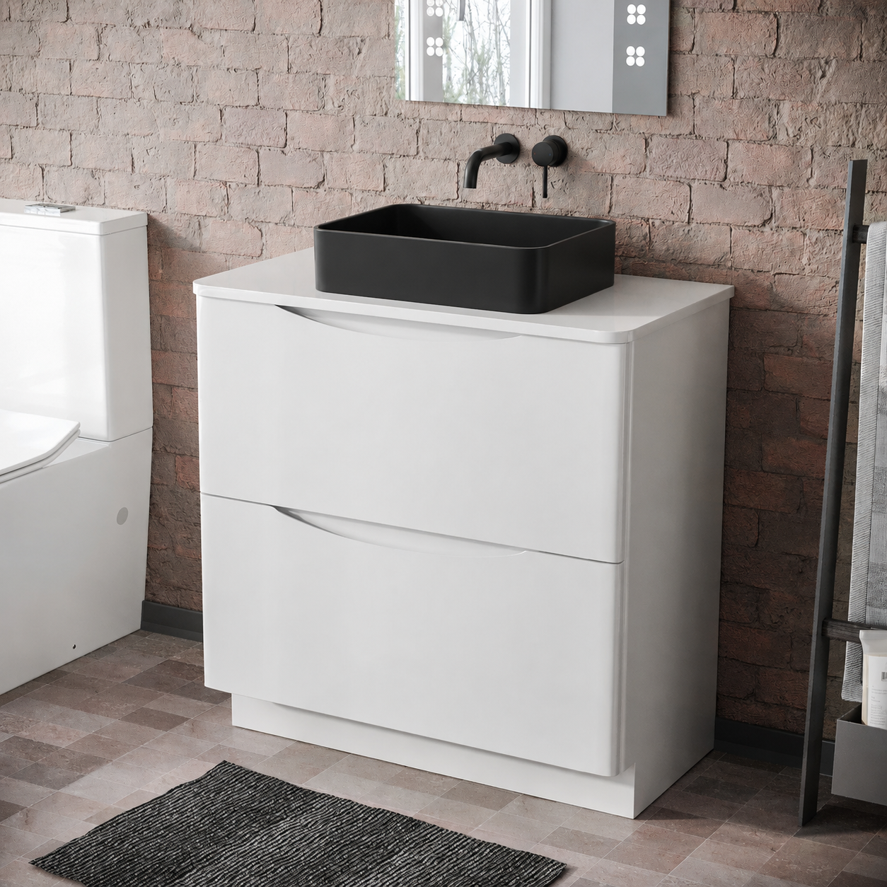 Merton 800mm Gloss White Freestanding Vanity Unit with Worktop and 490mm Rectangle Matte Black Countertop Basin