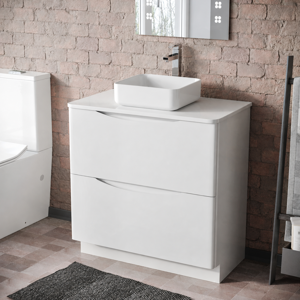 Merton 800mm Gloss White Freestanding Vanity Unit with Worktop and 390mm Square Countertop Basin