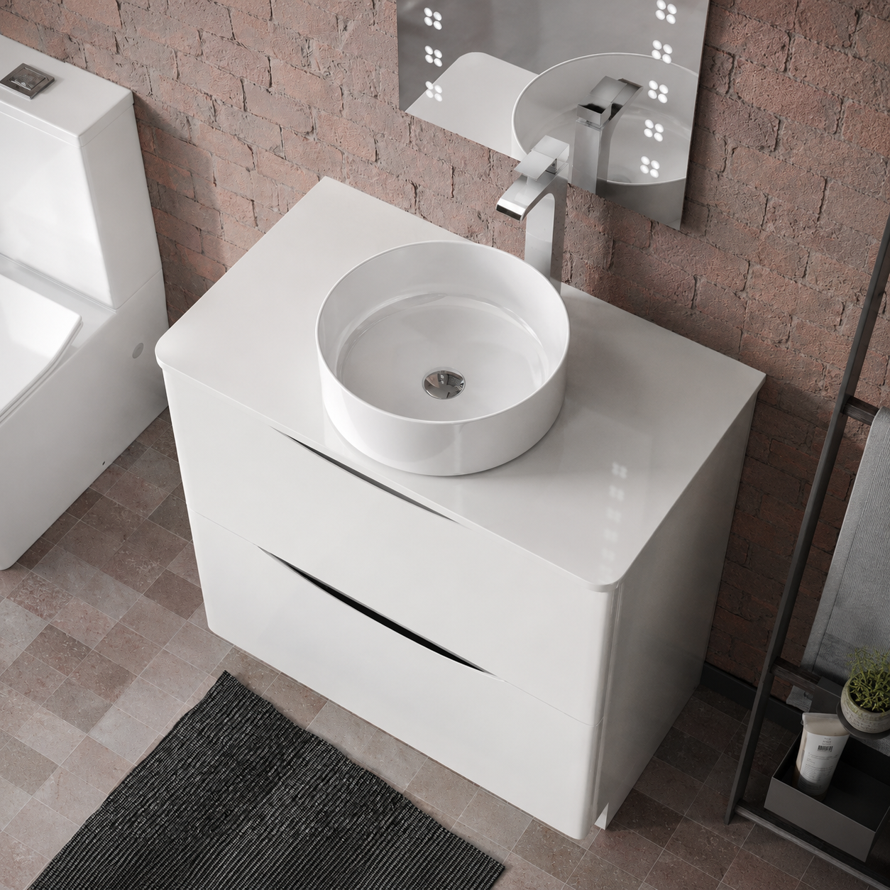 Merton 800mm Gloss White Freestanding Vanity Unit with Worktop and 360mm White Round Countertop Basin