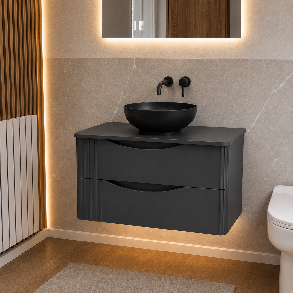 Merton Grey 800mm Wall Hung Countertop Vanity with 410mm Matte Black Oval Basin